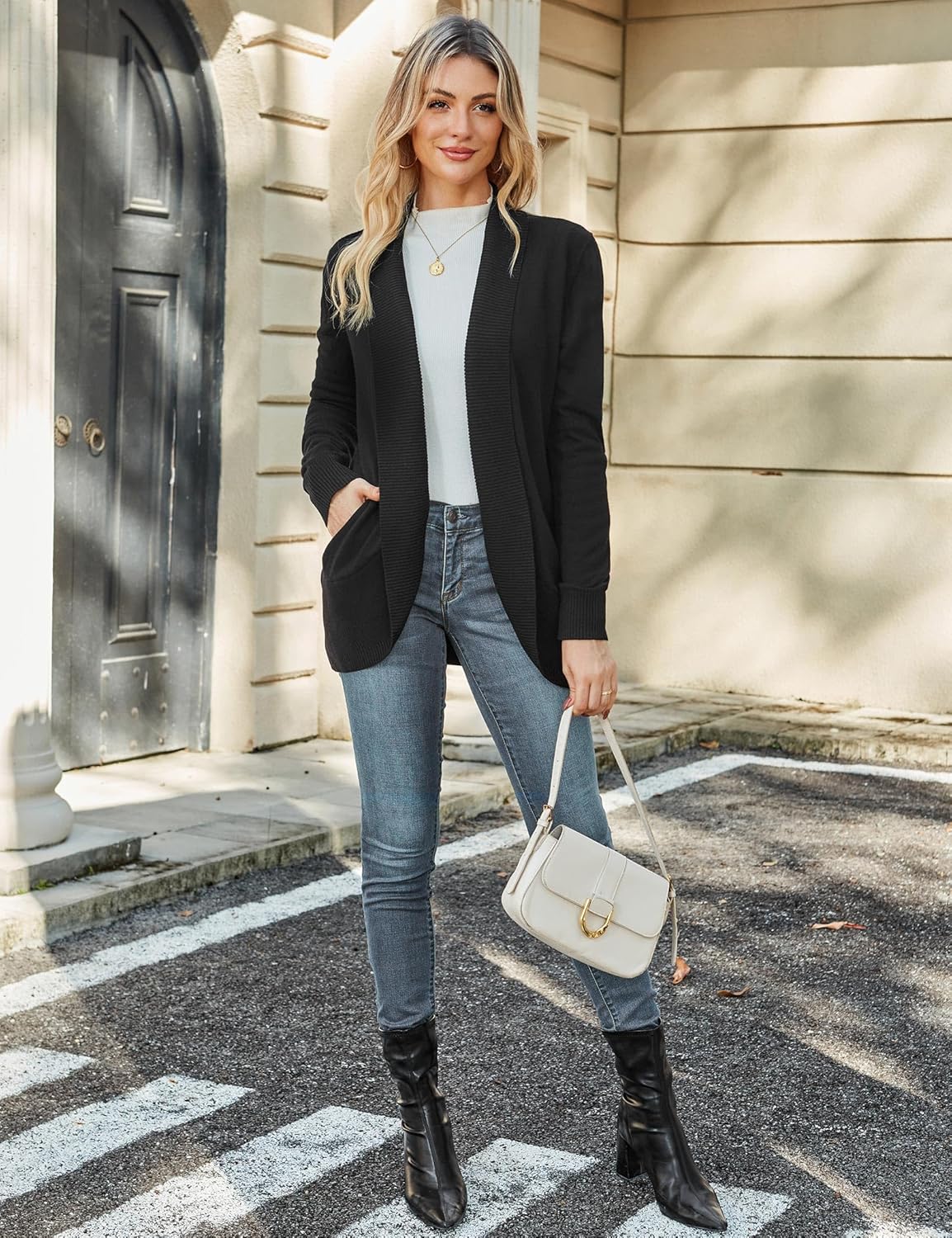 Amoretu Women’s Wool Blend Open Front Cardigan Sweaters Lapel Long Sleeve Curved Hem Cardigans with Pockets - Image 6