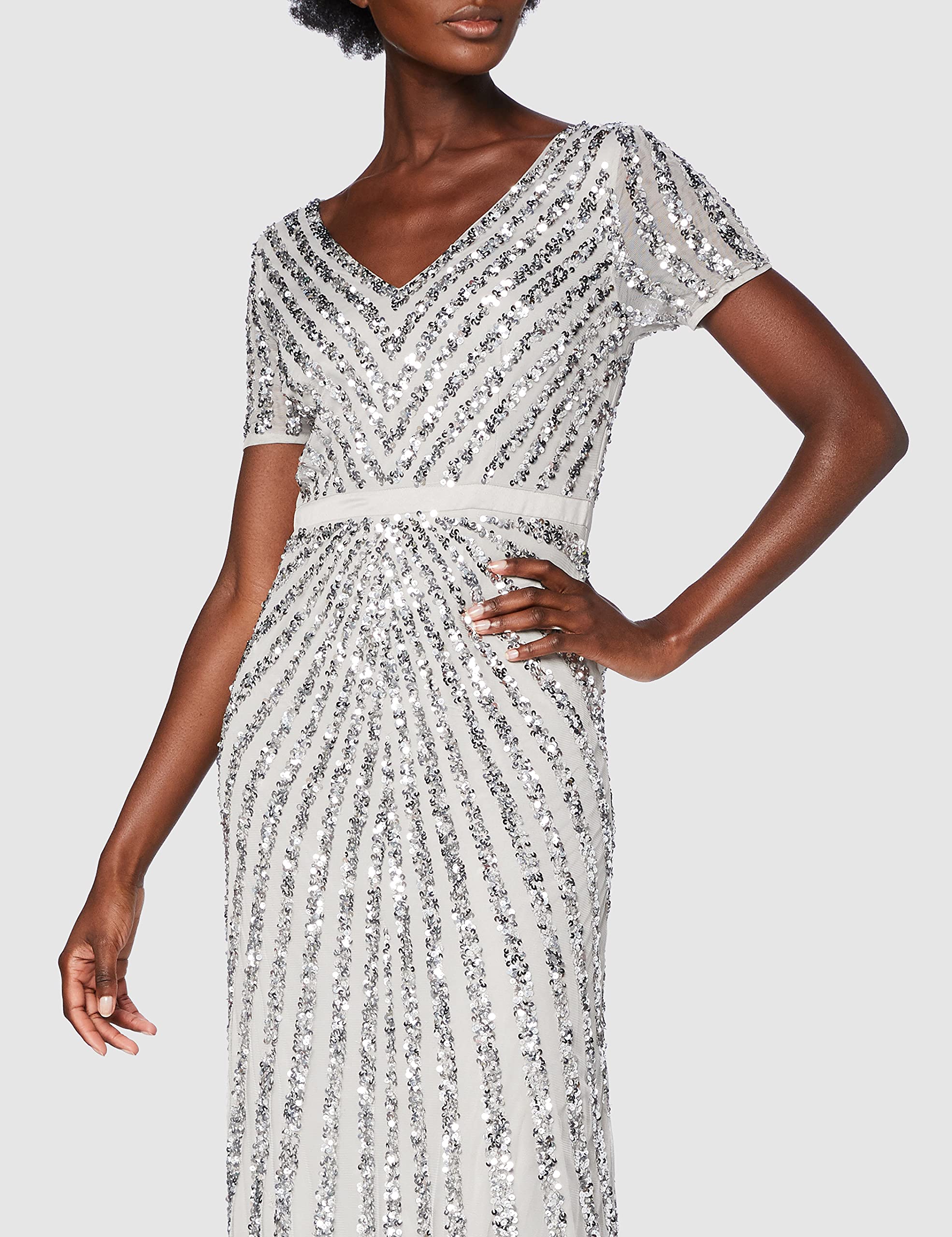 Maya Deluxe Robe de Soirée Femme Maxi, à Paillettes, Taille Haute Empire, Col V, pour Bal de Promo, Mariage, Mariée
