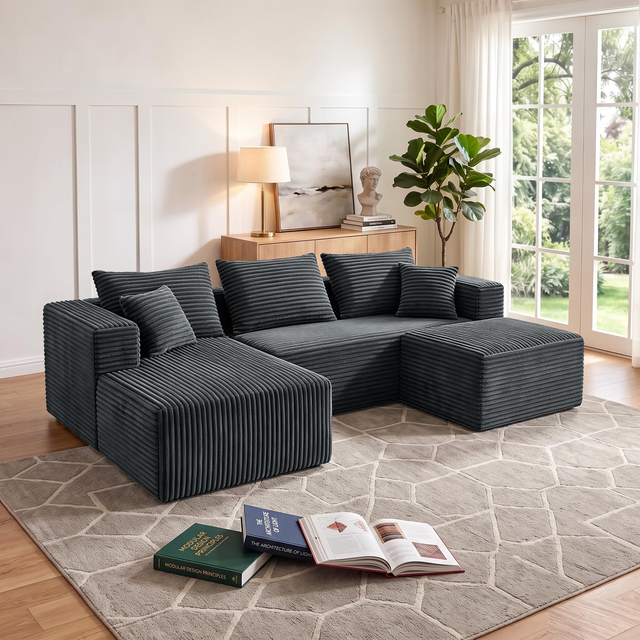 93" U-Shaped Boneless Couch, Corduroy Cloud Couch Sectional with Chaise and Ottoman, Deep Seat Modular Sectional Sofas for Living Room, No Assembly - Grey (Left Facing Chaise)