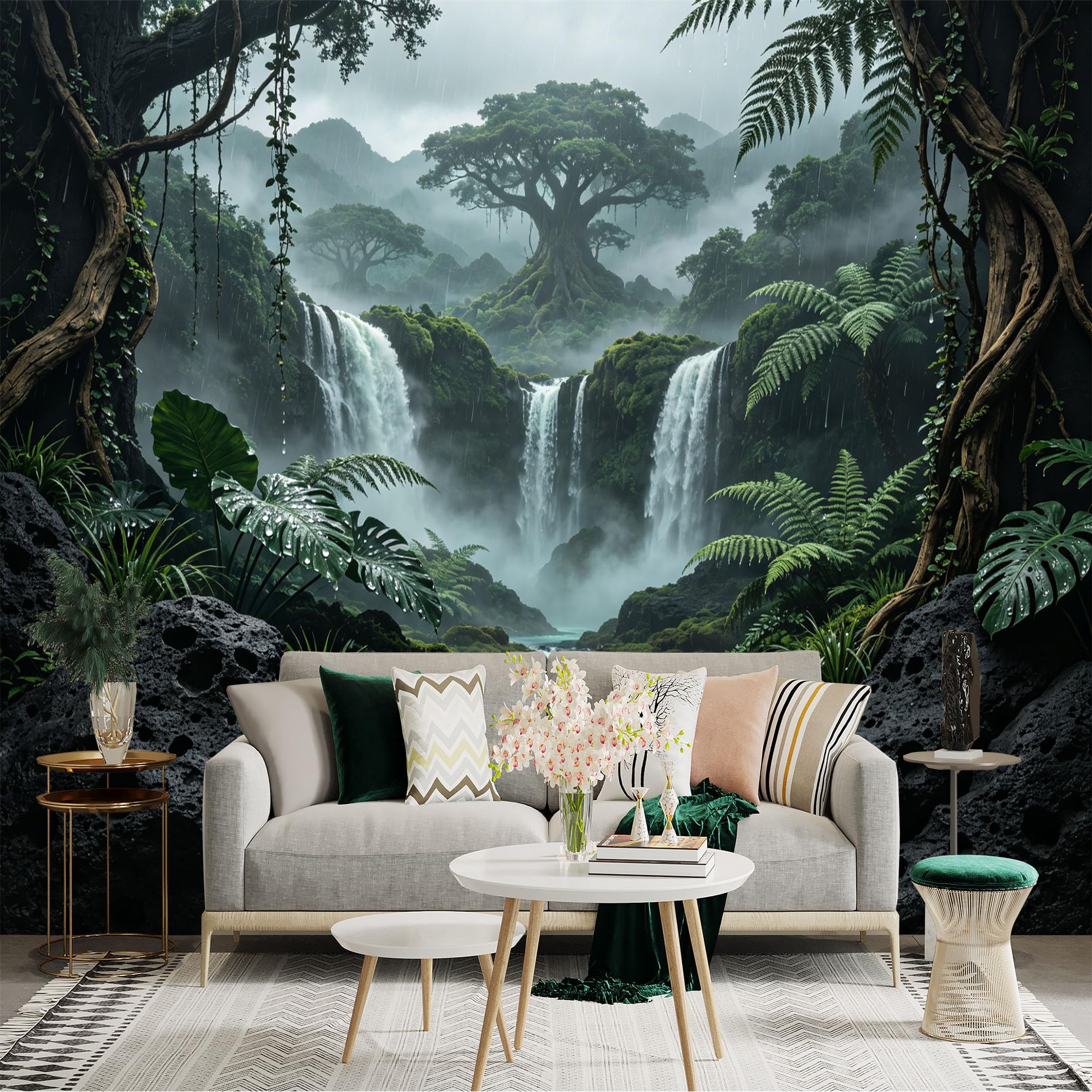 Custom Size Wall Sticker Mural， Tropical Rainforest Waterfalls with Giant Tree and Misty Mountains， for wall Decoration， peelandstick wall Decals.