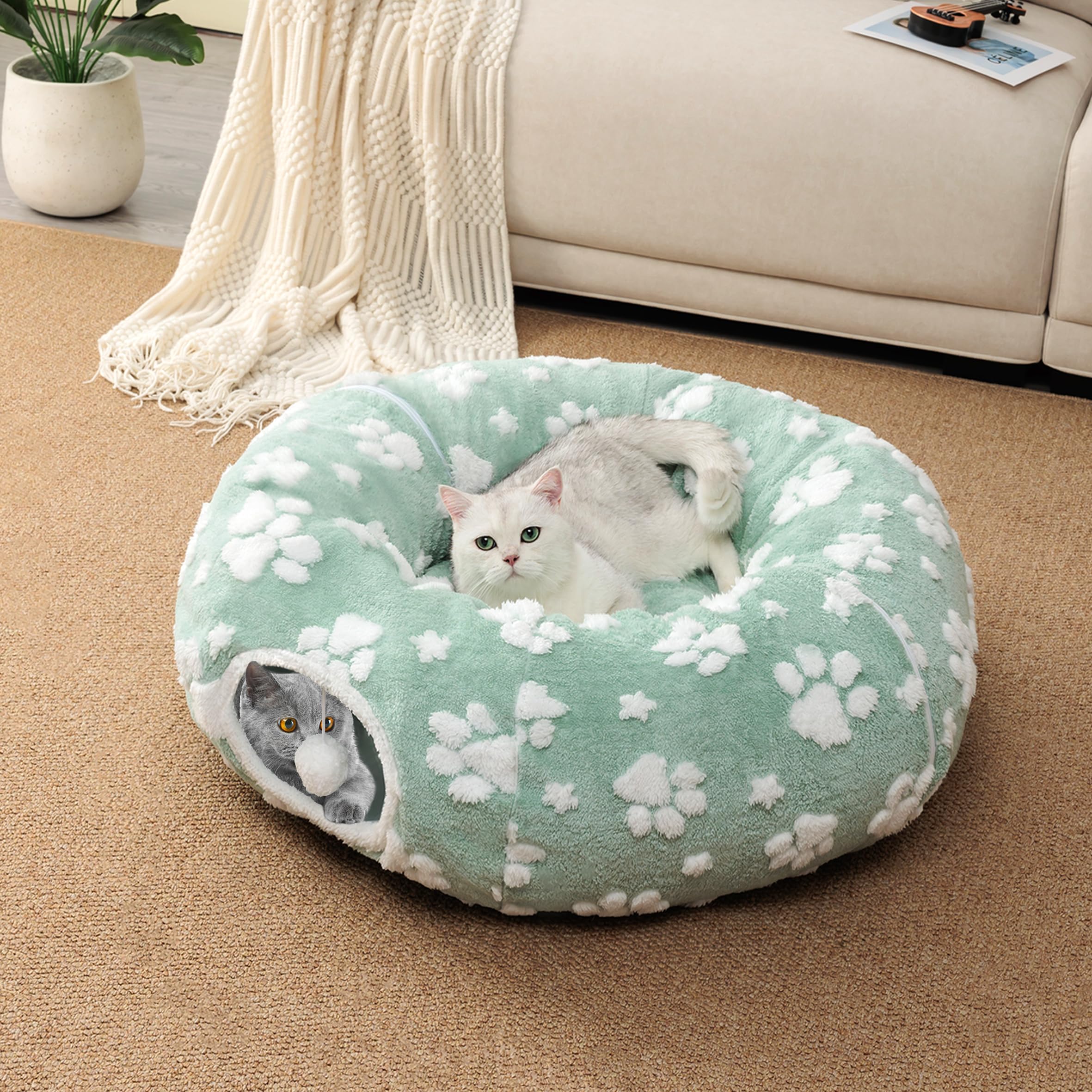 Tunnel per gatti da interni, graziosa grotta a forma di peekaboo con palline pendenti, cuccia a ciambella con tappetino circolare per cuccioli, gattini e conigli, verde