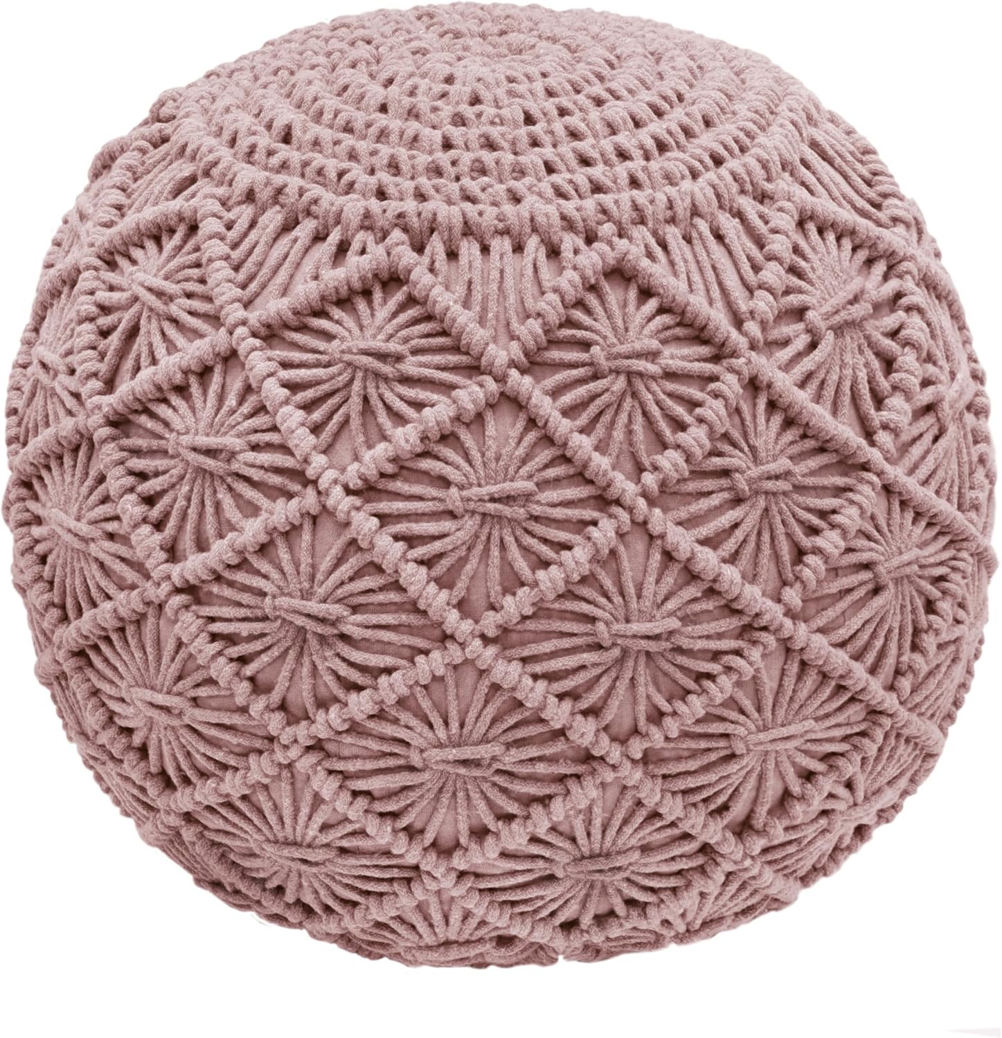 COTTON CRAFT Macrame Braided Pouf - Ottoman Footrest Bean Bag - Knitted Cotton Cord Comfortable Round Dori Pouf - Prefilled Stuffed Boho Modern Accent Seat - Nursery Bedroom Dorm - 20x14 inches - Pink