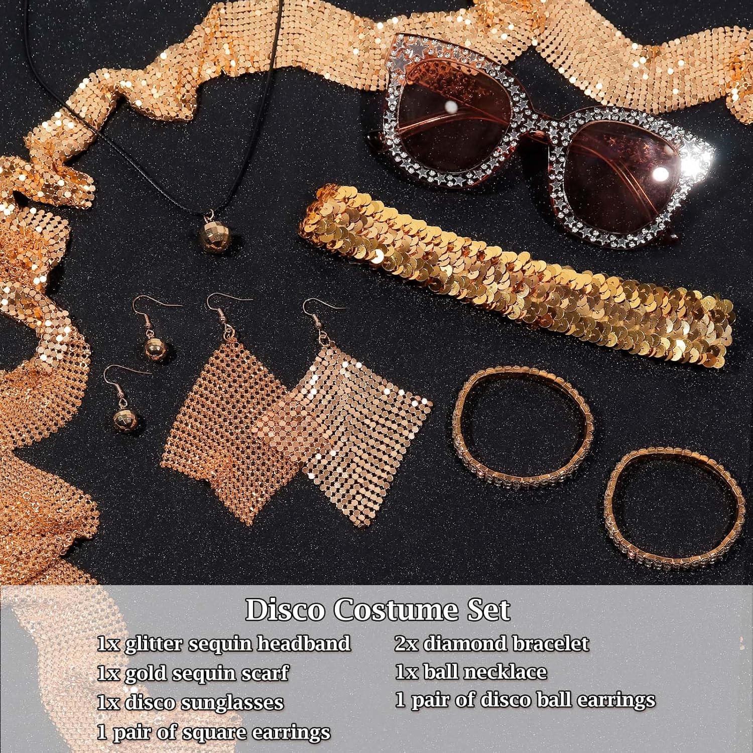 8 Pcs 70s Disco Accessories Women Disco Costume 1970s Discos Sequin Scarf Headband Diamond Bracelet Ball Necklace Earring Glasses for Halloween Women Costumes - Image 5