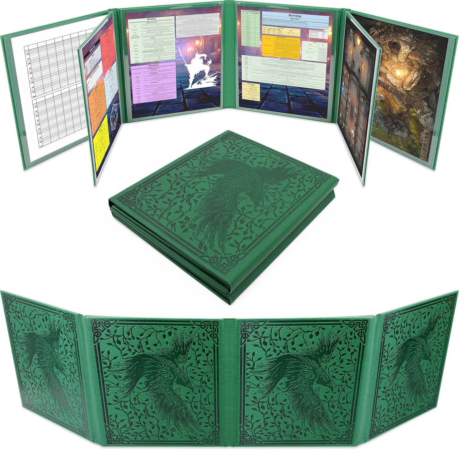 CASEMATIX DM Screen PU Leather 8-Panel Deluxe GM Screen - Eight Panel Folding Dungeon Master Screen with 2 Swinging Panels and Wet Erase Pockets for TTRPGs - Green, Inserts Not Included