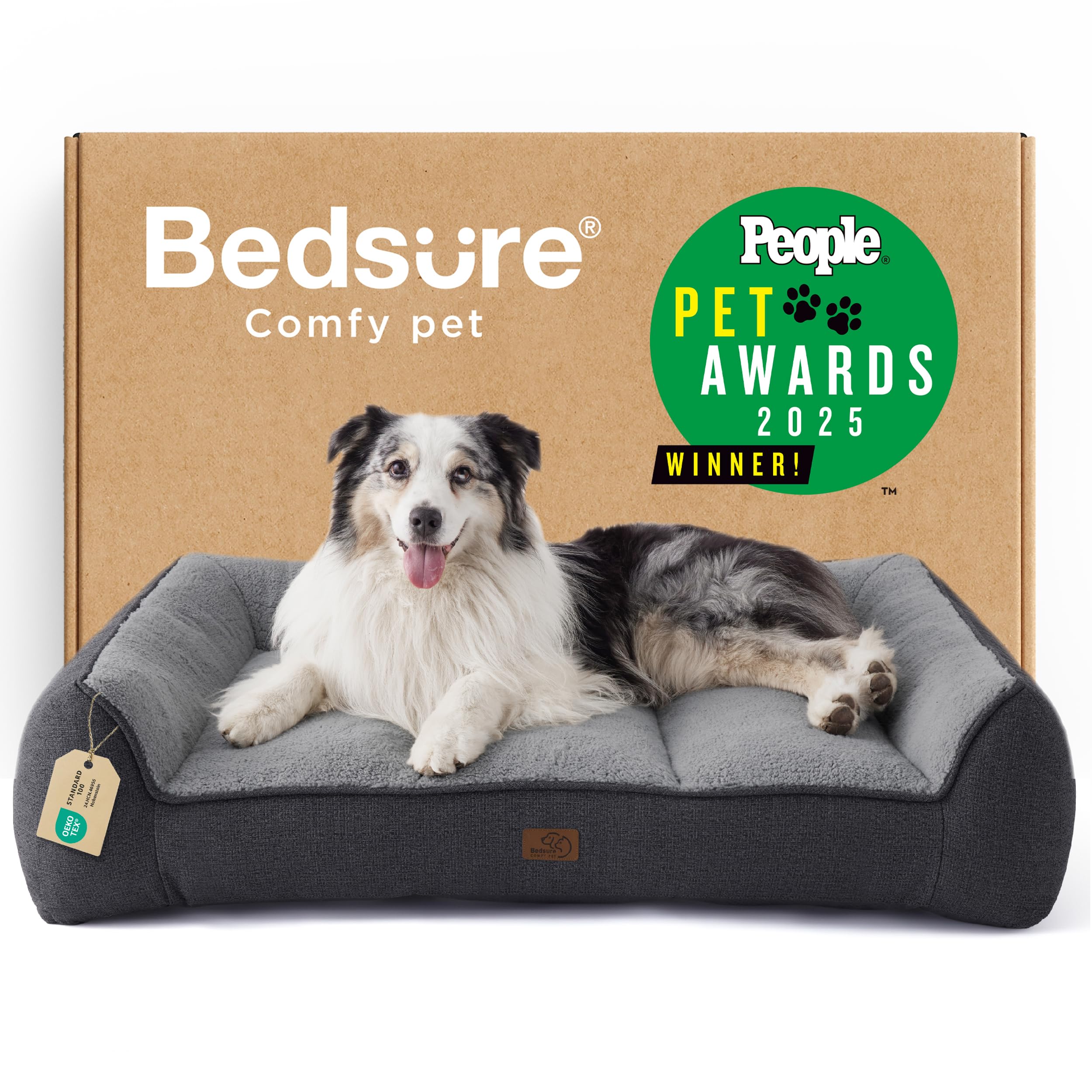 Bedsure SupportMax™ XL Orthopedic Dog Beds Large Sized Dog - Extra Thick Supportive Dogs Couch with Waterproof Washable Cover, Extra Large Comfort Pet Sofa with Soft Sherpa & Nonskid Bottom, Grey, 42"