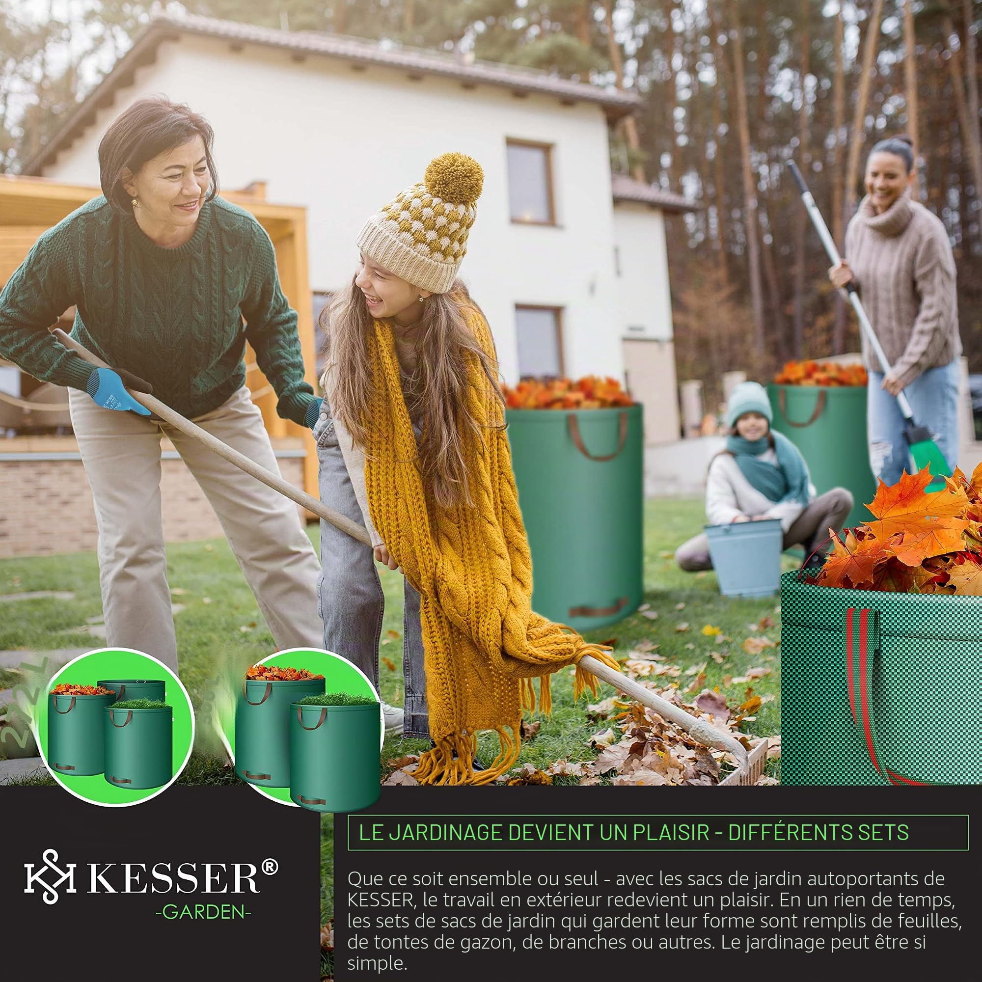 KESSER® Sacs de jardin 6x 272L Set sac à feuilles Sac à déchets de jardin + gants - Autonome 4 poignées Stable Robuste pliable Sacs à feuilles Tontes de gazon Sacs de jardin pour déchets jardin Vert