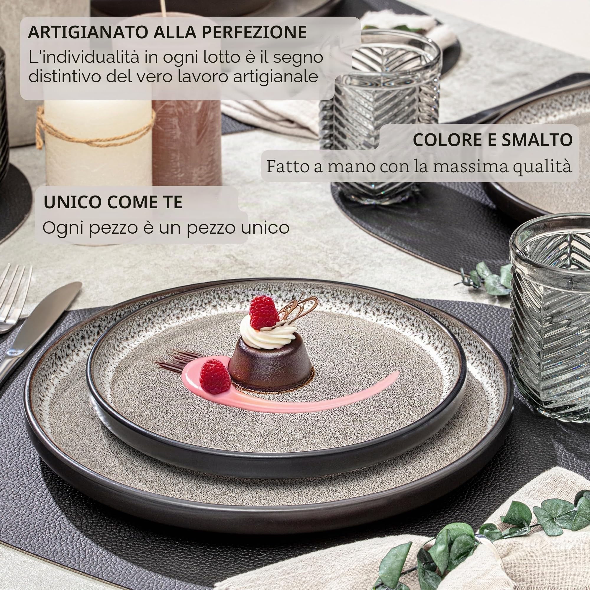 SÄNGER Luxor - Set di piatti in gres porcellanato, 18 pezzi, per 6 persone, 6 piatti piani, 6 ciotole per cereali, 6 piatti da dessert, stoviglie resistenti marrone e beige