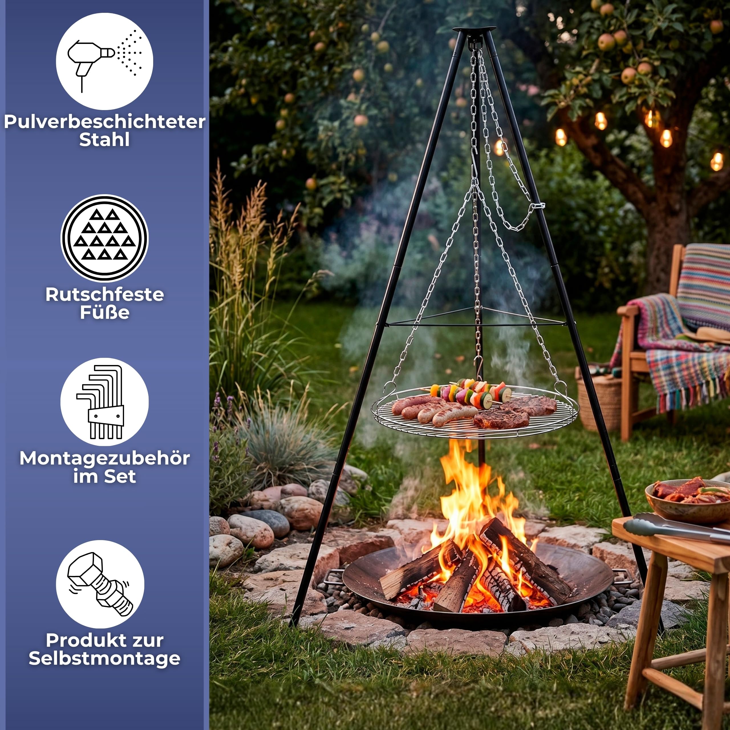 Springos Schwenkgrill Dreibein Grill mit Höhenverstellbarem Grillrost Holzkohlegrill BBQ Grill für Lagerfeuer Garten Terrasse Camping Outdoor Grillrost SPRINGOS