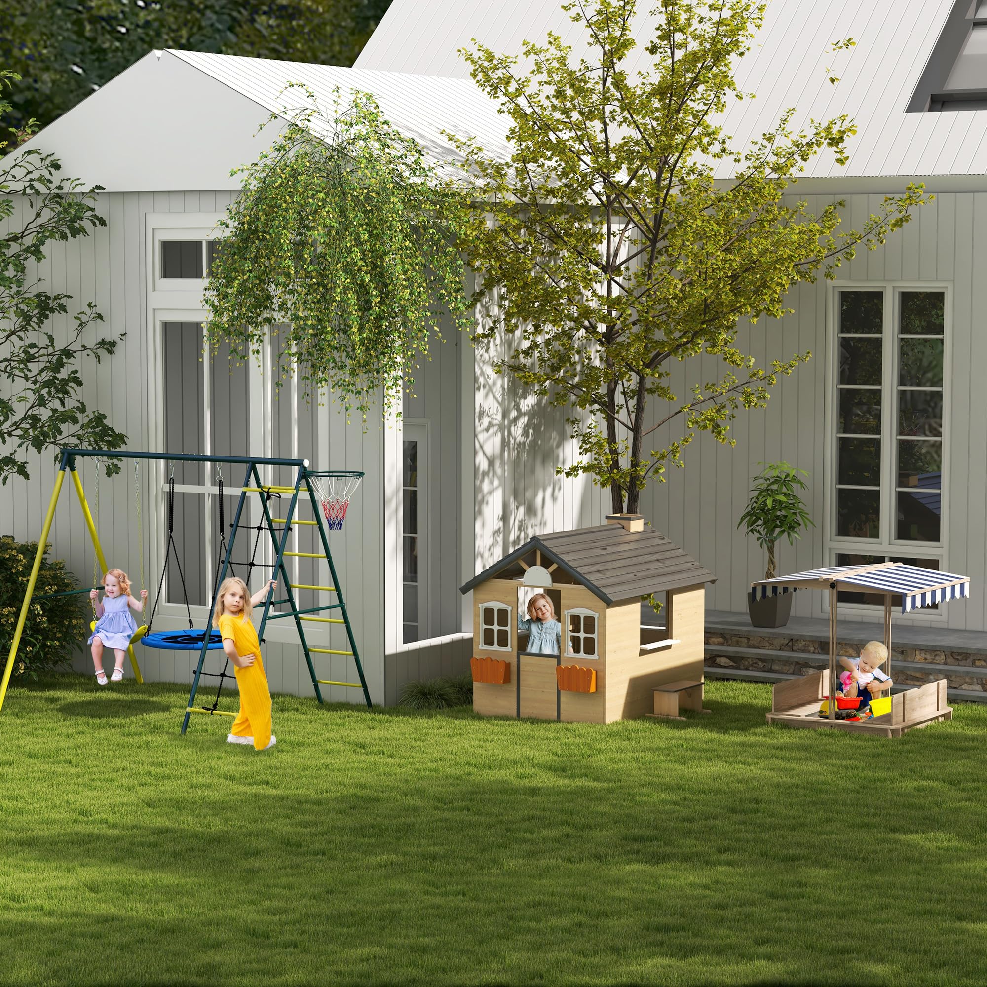 Outsunny Spielhaus Kinderspielhaus aus Holz mit Tür Fenster Briefkasten Blumentopfrack Gartenhaus für Jungen und Mädchen 3-7 Jahre Kinderspielzeug für Outdoor & Indoor Natur