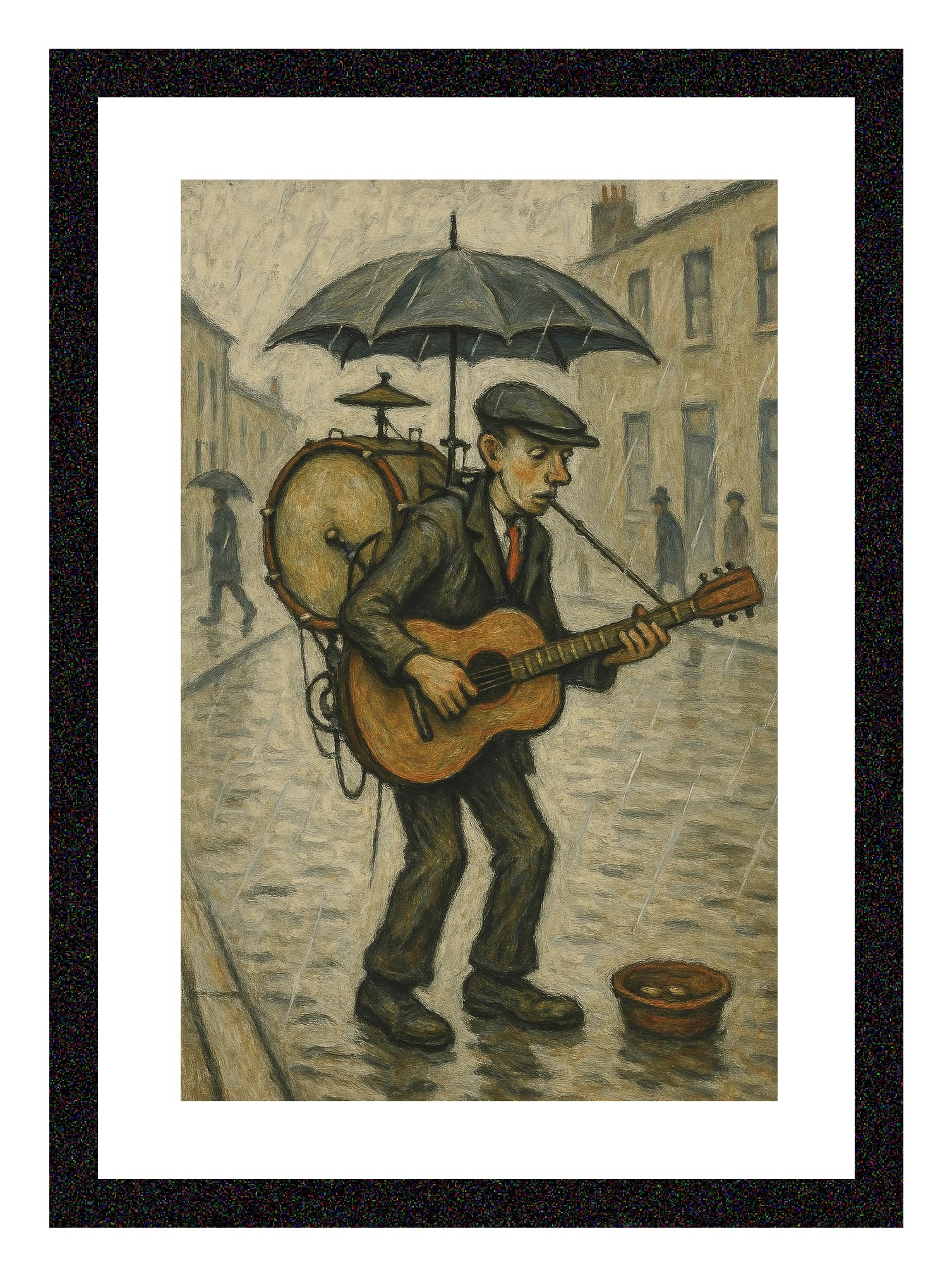 Greetingles Lowry-Style Framed Print. Beautiful Black Ash Frame. Various Designs (Lowry, One Man Band)
