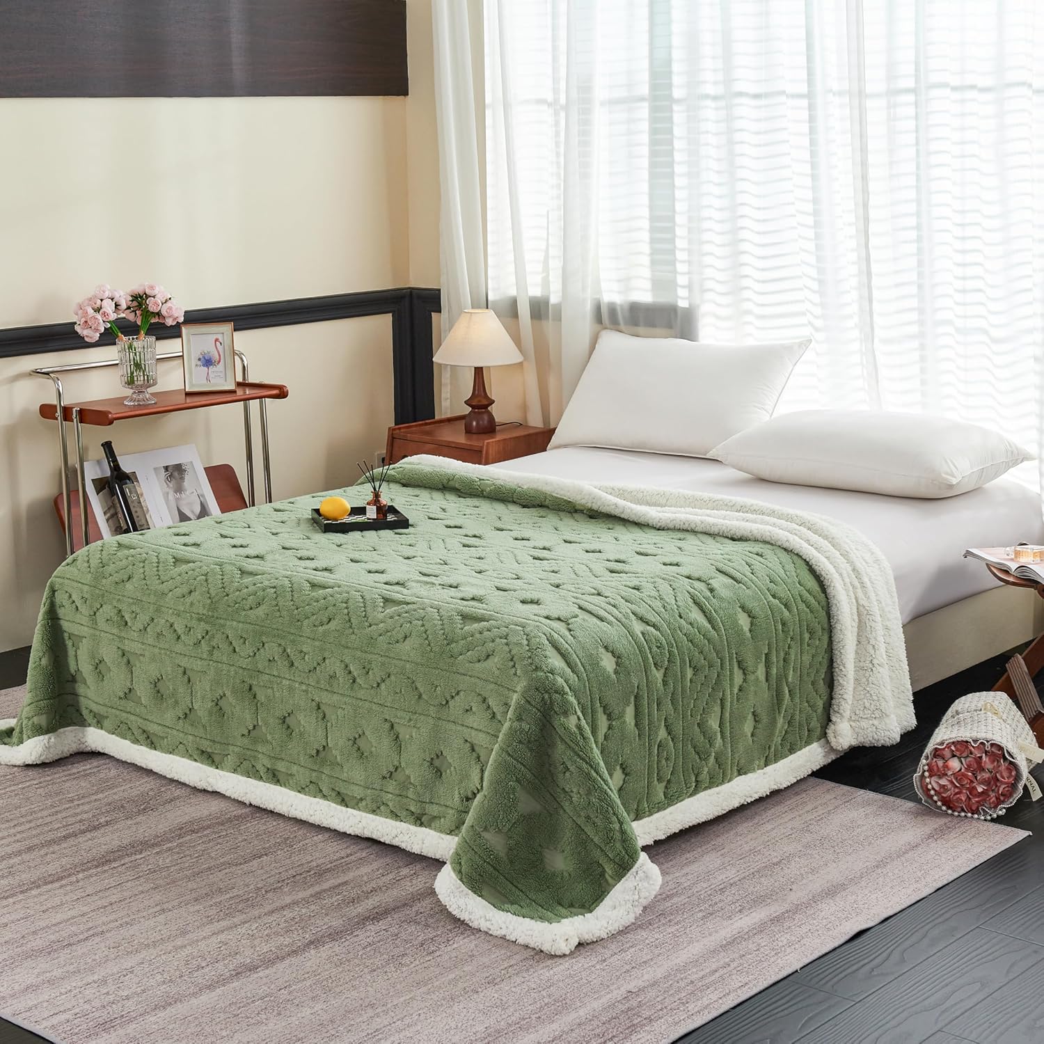 LEVINIS Bohemian Sherpa Throw Blanket 60'' × 80'', Sherpa Bed Blankets for All Season, Southwestern Aztec Throw Blanket for Bed/Couch/Sofa/Office/Camping, Green - Image 2