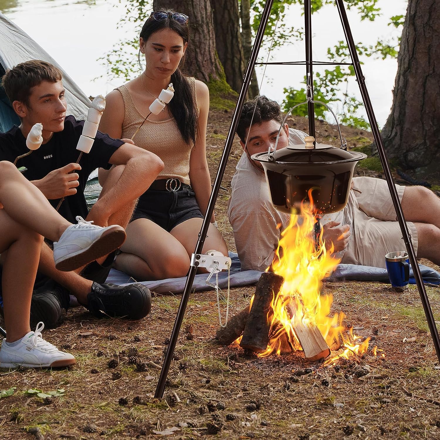 TLSUNNY 10L Gulaschkessel mit Dreibein, Original Ungarischer Gulaschtopf Emaille, Kettenhöhenverstellung, Teleskop-Dreifuß für Picknick