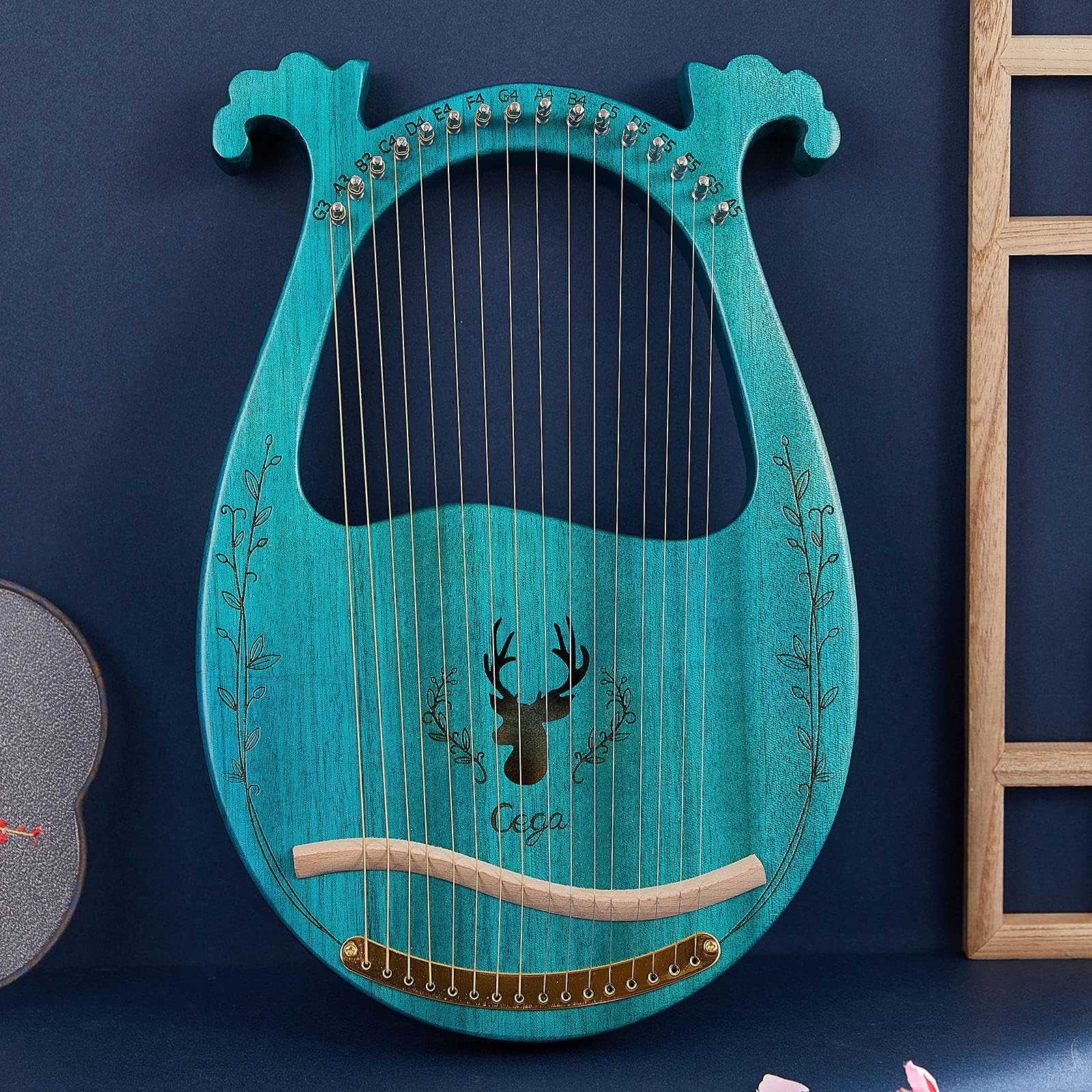C Key 16-strunowa drewniana lira harfa rezonansowa pudełko instrument strunowy z kluczem do strojenia 3 sztuki kostki naklejka dodatkowy zestaw strun, drewno,Harfa(Blue)