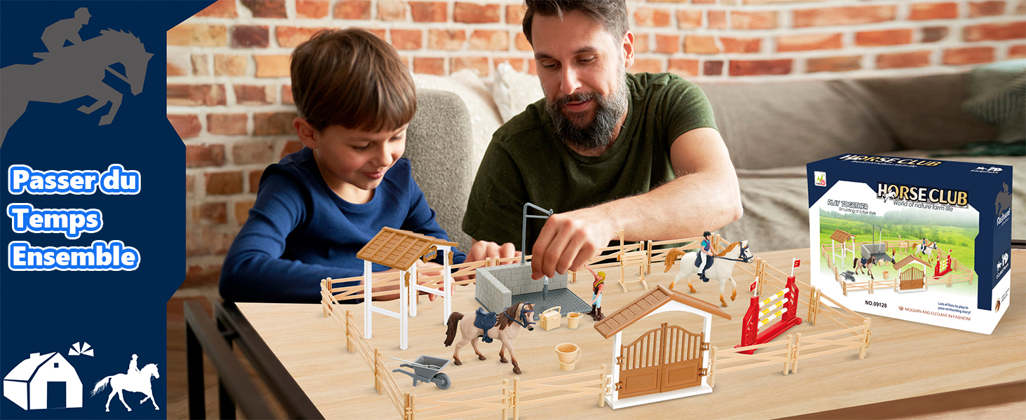 JONRRYIN Écurie De Chevaux Jouet Avec Lumière LED – Set Complet Avec Clôtures, Box, 2 Chevaux, Cavalier Et Accessoires – Cadeau Idéal Pour Enfants De 3 à 8 Ans