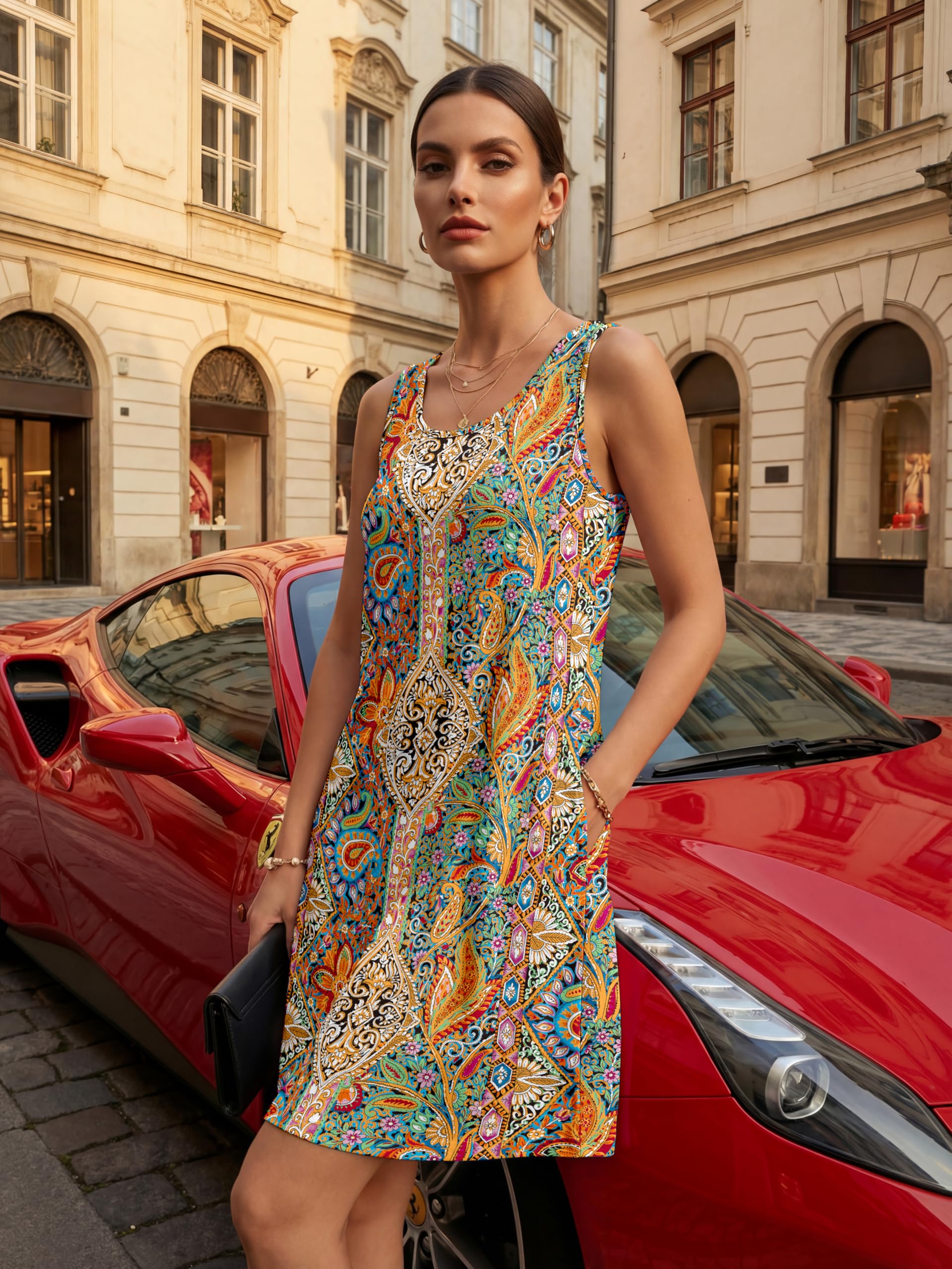LUXVEER Vestido de verano para mujer, sin mangas, floral, bohemio, para cubrir el traje de baño, casual, holgado, playa, vacaciones, sin mangas