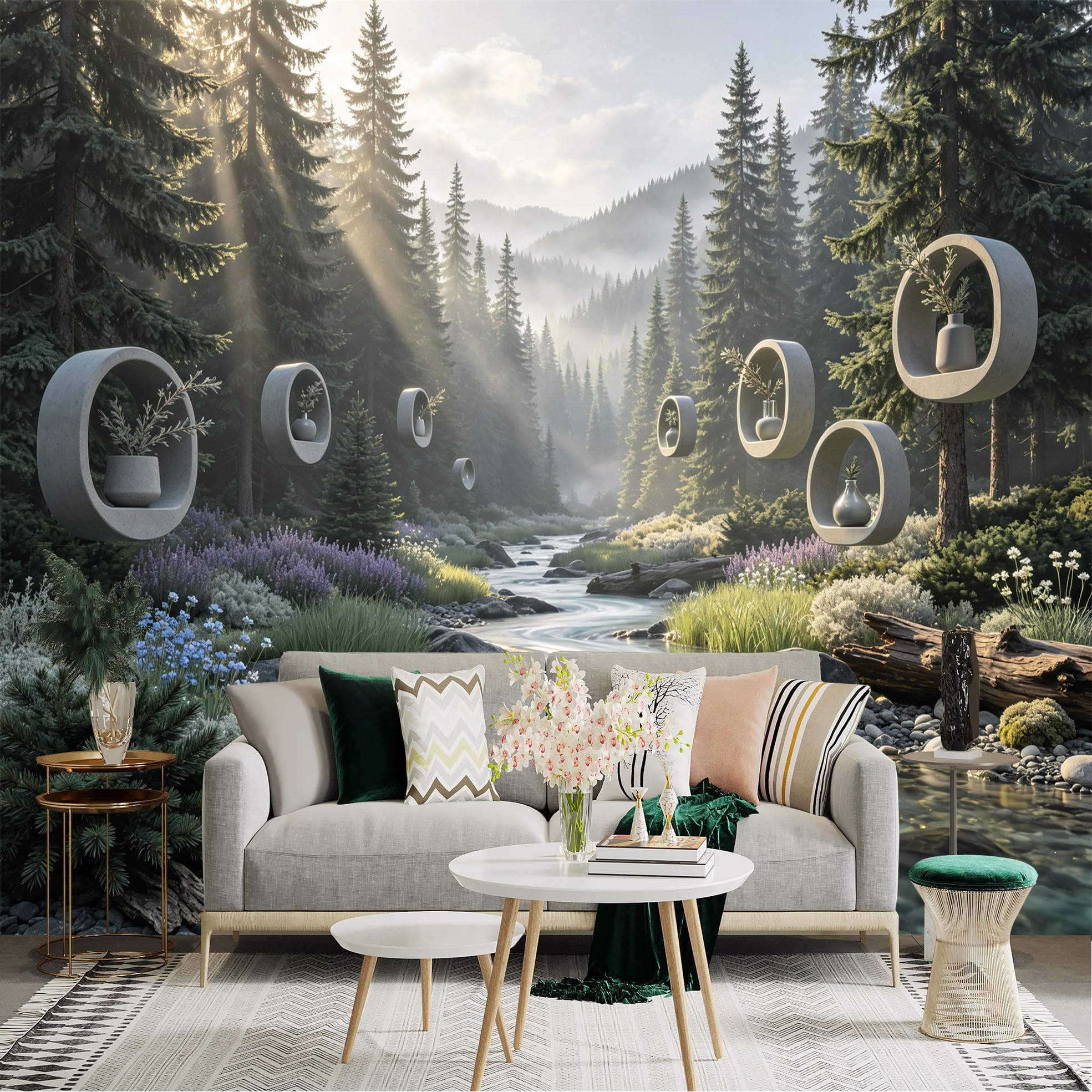 Lnzczhyre Bh260719321 Custom Size Wall Sticker Mural， Misty Forest Stream With Floating Circular Planters， Botanical Landscape， For Wall Decoration， Peelandstick Wall Decals.