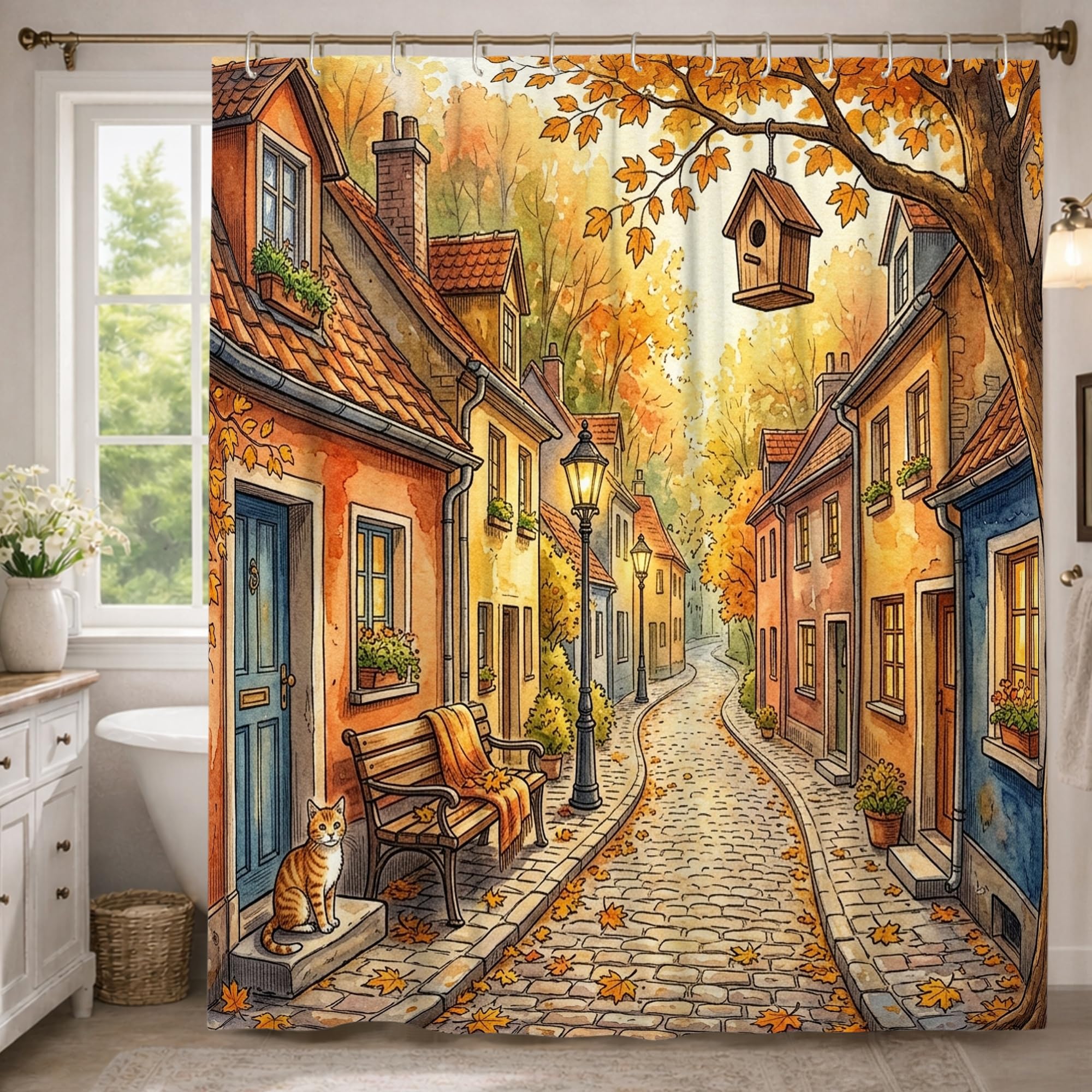 Rideau de douche pour décoration d'appartement orange grande hauteur avec crochets 183x243