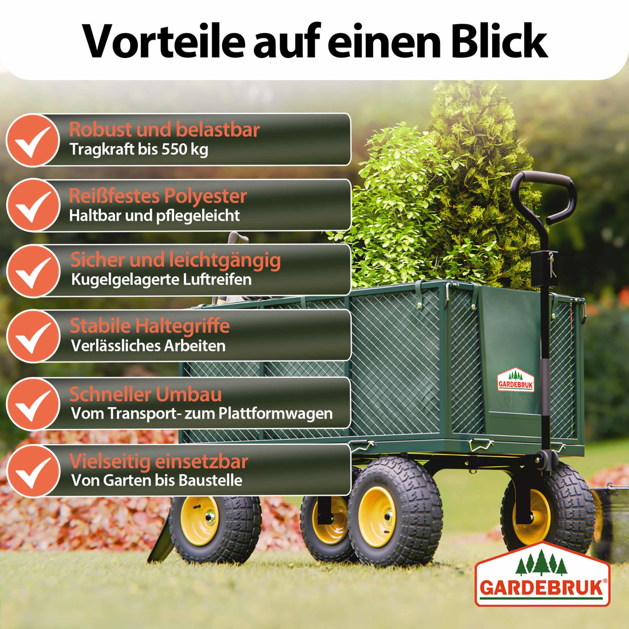GARDEBRUK® Bollerwagen 550kg Belastbar Klappbar Stabil Herausnehmbare Plane Gerätewagen Handwagen Garten Gartenkarre Gartenwagen Transportwagen Karre