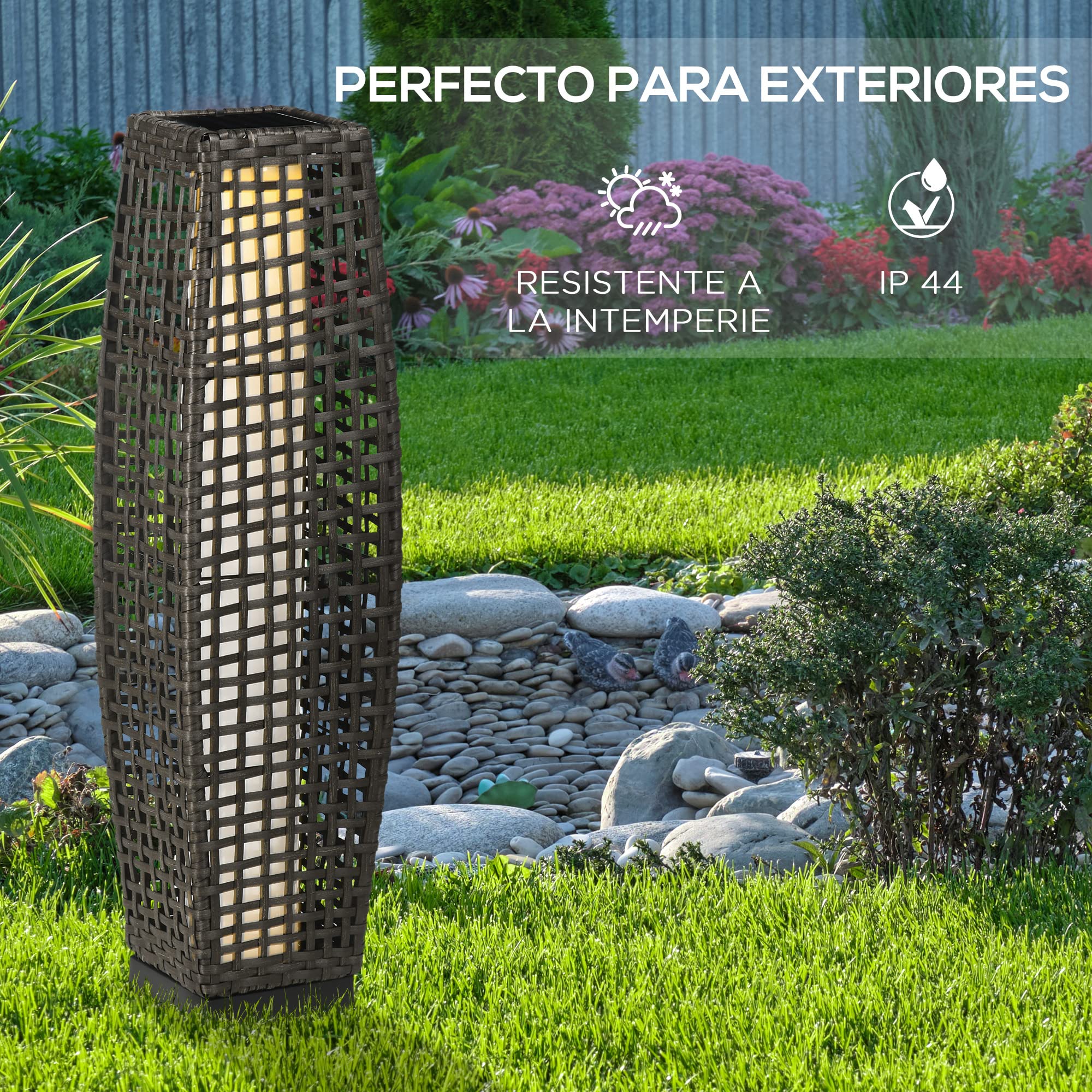 Outsunny Linterna de Jardín de Ratán Sintético Luces Solares Exterior con Luces LED Encendido/Apagado Automático para Terraza Balcón Patio 21x21x78 cm Gris