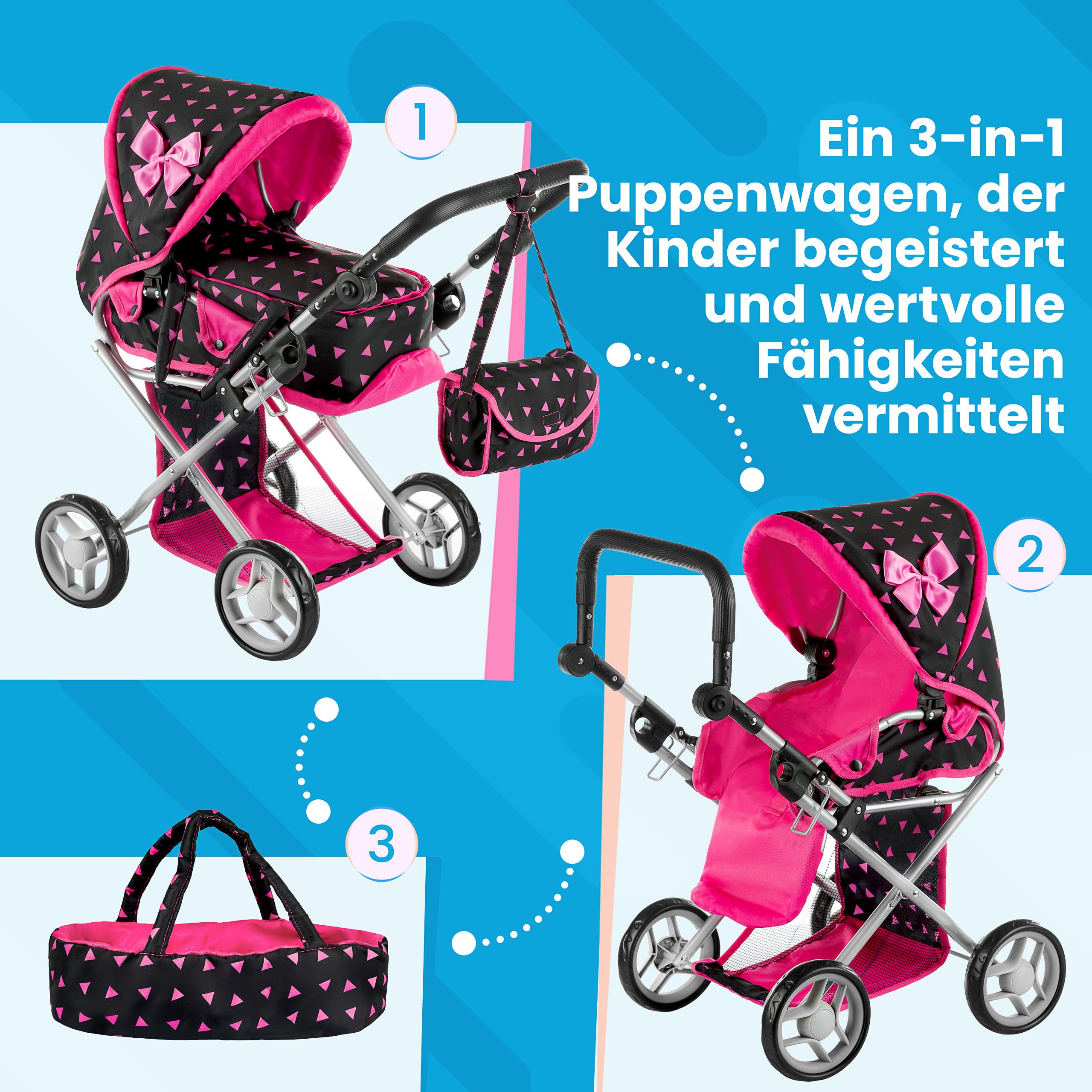 Kinderplay Puppenwagen ab 1 2 3 Jahre Kinderwagen Spielzeug - 3 in 1, Puppenwagen mit Herausnehmbarer Tragetasche und Umhängetasche, Höhenverstellbar 36.5 cm bis 64 cm, KP0200R