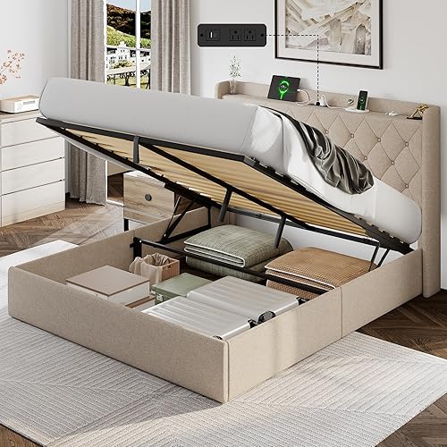 Base de cama de almacenamiento de elevación completa con estación de carga, marco de cama tapizado con almacenamiento, no necesita somier, sin