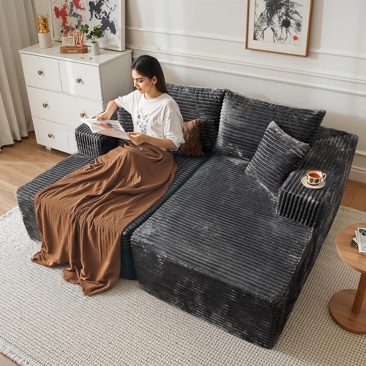 74.8" Oversized Double Chaise Lounges Indoor,Memory Foam Loveseat Chaise Lounge, No Assembly Required,Modern Cloud Plush Upholstered Boneless Cloud Sofa Deep Seat for Living Room Reading,Black
