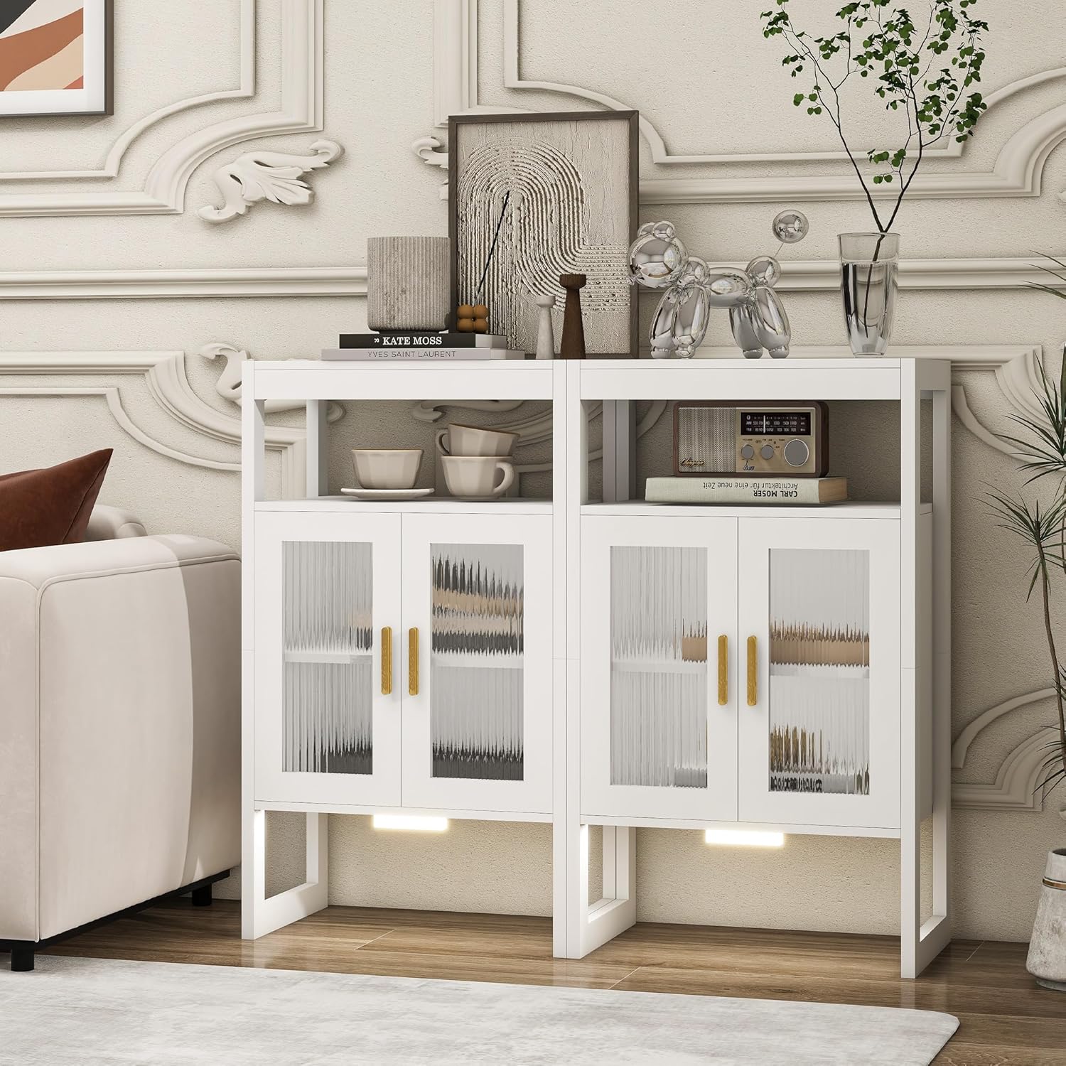 Bathroom Floor Storage Cabinet Freestanding Organizer with Sensor Light & Acrylic Doors for Bathroom, Home Office, Bedside, Sofa Side Table