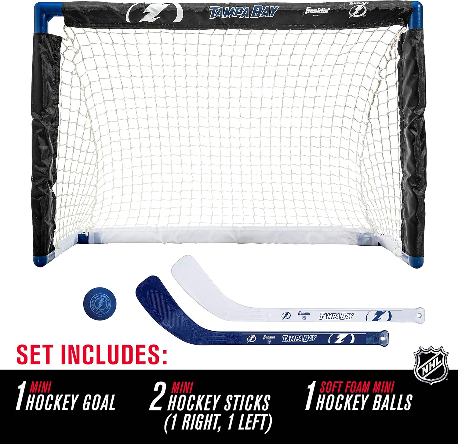 Franklin Sports Tampa Bay Lightning Mini Hockey Set - Knee Hockey Goal, Ball, & 2 Hockey Stick Combo Set - Mini Goal Net - NHL Official Hockey Set : Sports & Outdoors