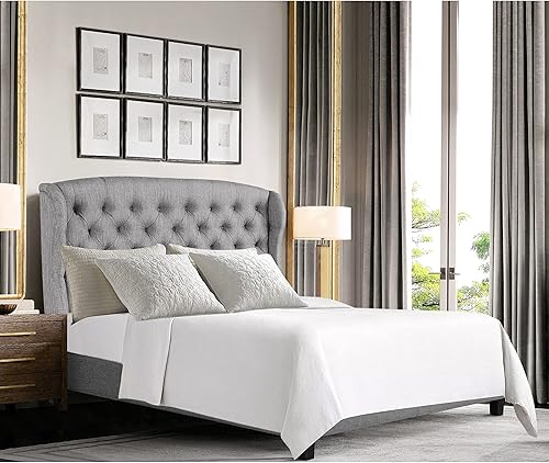 Rosevera Issac - Cama con cabecera ajustable de diseño distintivo y marco de cama acolchado con botones, tamaño King, gris clásico