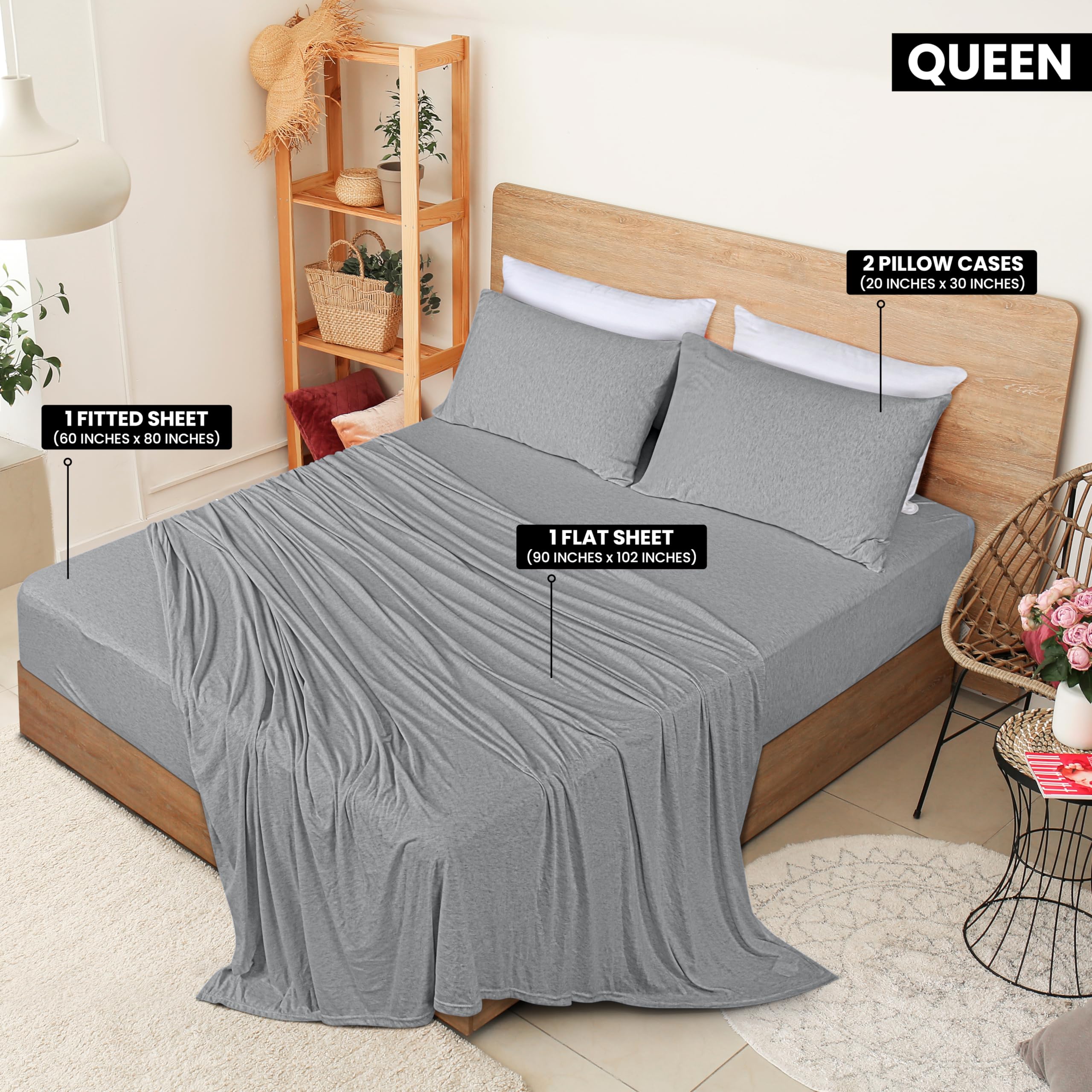 Utopia Bedding Queen Sheet Set - Jersey Knit Sheets 4 Piece - Cotton - Soft T-Shirt Stretchy Sheets (Heather Light Grey) - Image 2