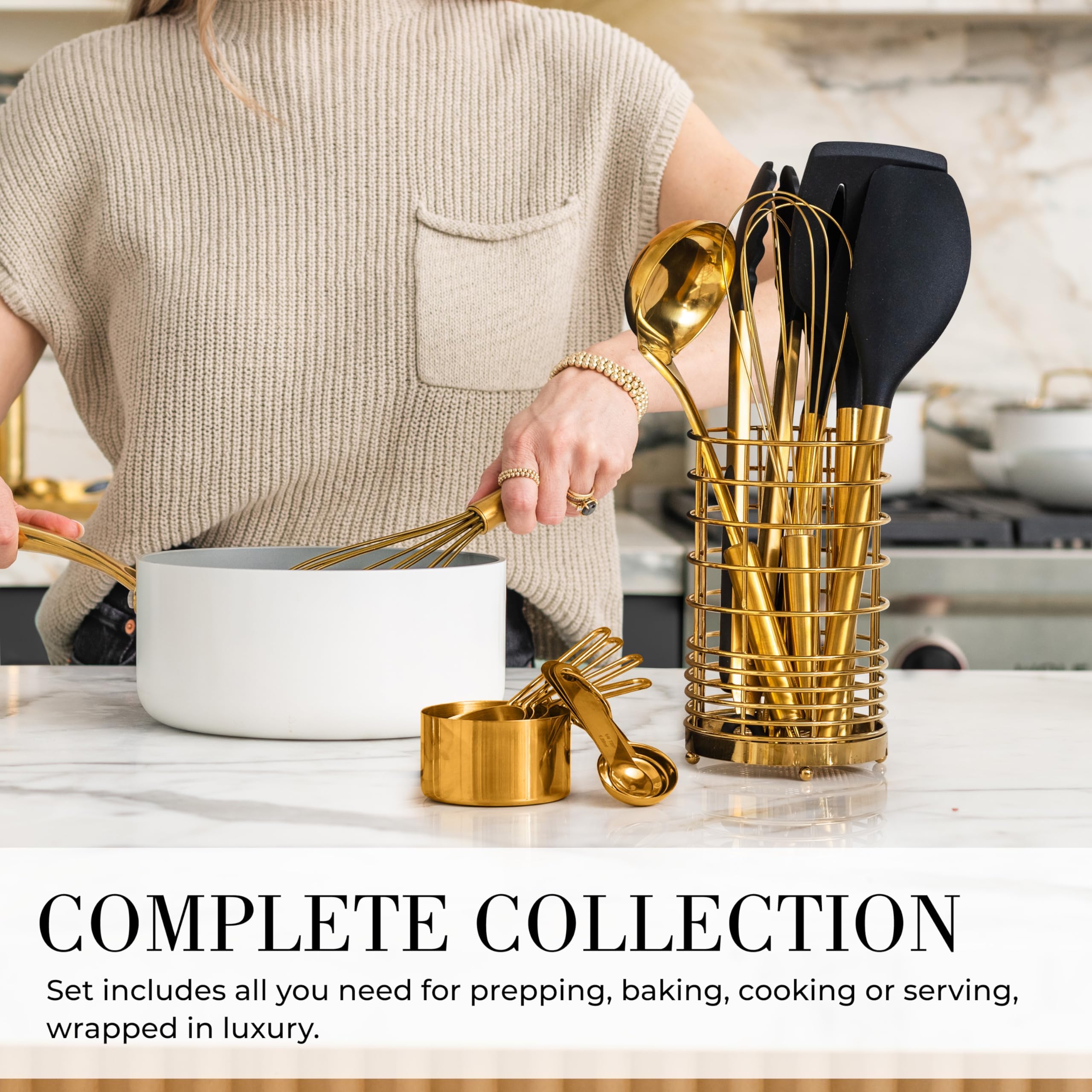 Styled Settings Juego de utensilios de cocina negros y dorados, 15 piezas antiadherentes de silicona sin BPA, con tazas medidoras y cucharas, accesorios de cocina de lujo para cocinar y hornear con