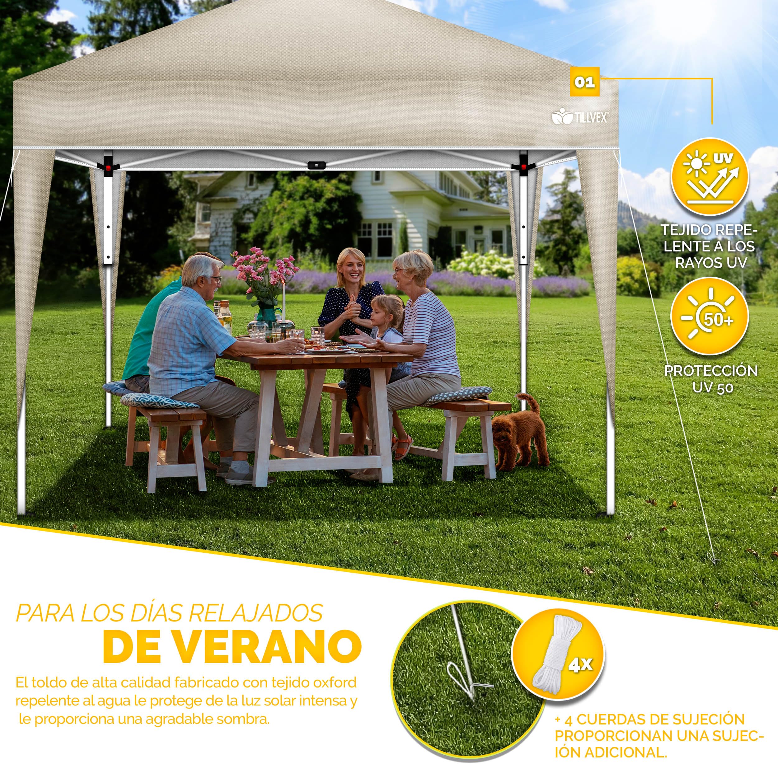 tillvex Gazebo Plegable Cenador 3x3m Impermeable | Pabellon de Jardin Pop-up Regulable en Altura | Carpa de jardín protección UV 50+ | Cenador de Fiesta con Bolsa (Beige)