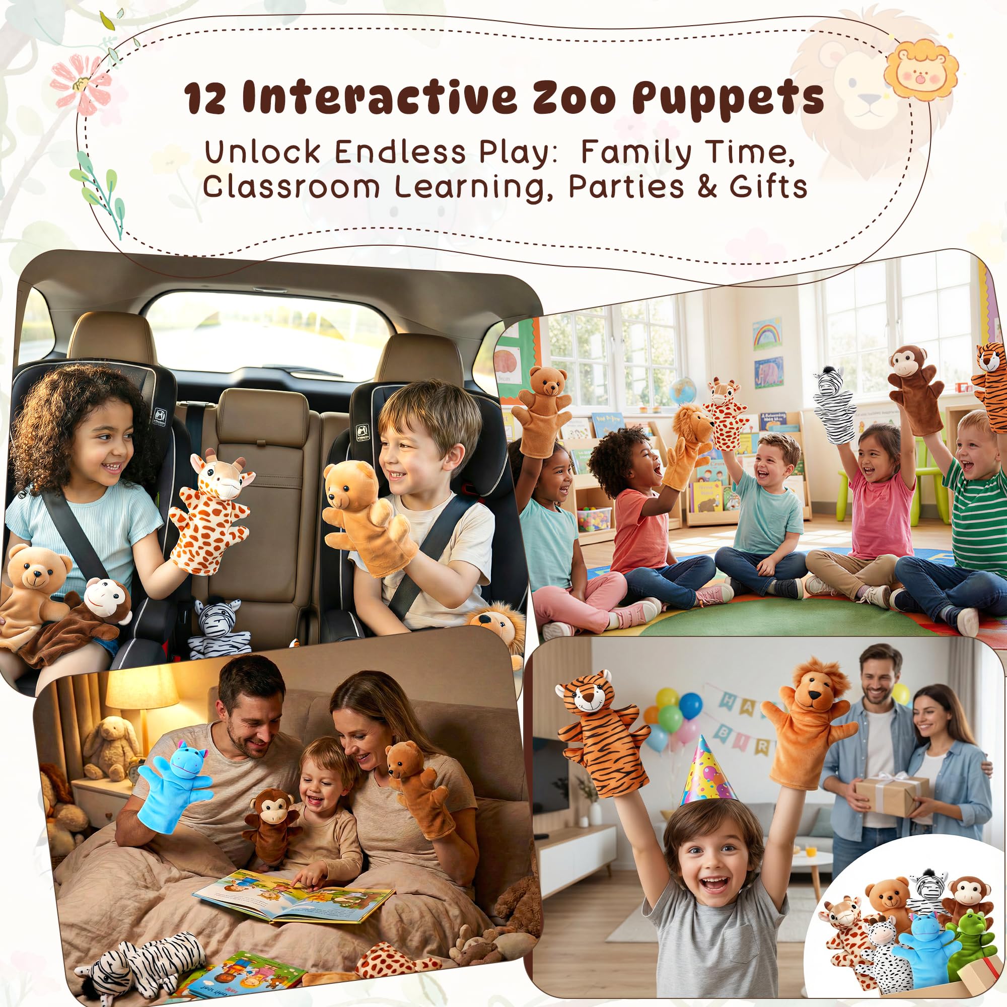 Handpuppen für Kinder, 12-teiliges Plüschpuppen-Set für Kleinkinder, kleine Stofftiere, Plüschtiere, Show-Theater, Abschlussgeschenke, Klassenzimmer, Belohnung, Karnevalspreise für Mädchen und Jungen