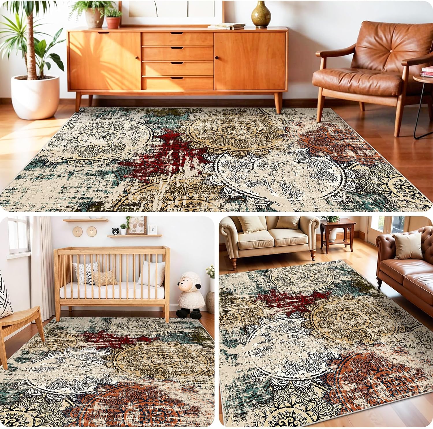 Washable 4x5 Area Rug Abstract: Non-Slip Rubber Backing Indoor Carpet for Kitchen Entryway - Low Pile Soft Small Floor Mat for Entrance Bedroom Bathroom Home Decor (4x5 Red Green Multi)