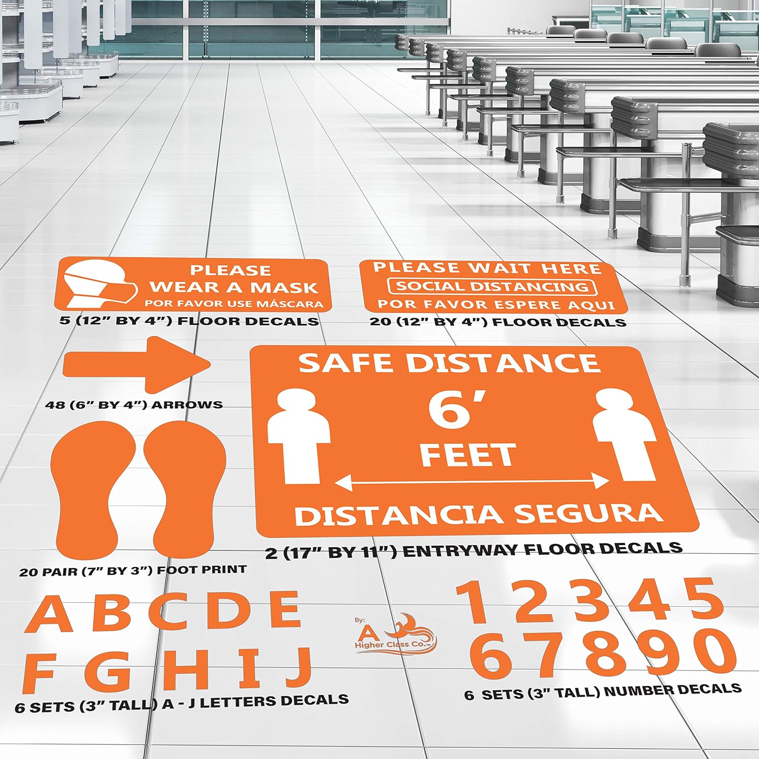 Mega Pack 170 - Bilingual (English & Spanish) Social Distancing Floor Stickers –Hospitals, Doctor’s Office Grocery Stores - 6 Feet Spacing Lines & Checkout Areas Durable Vinyl Decals (Orange)