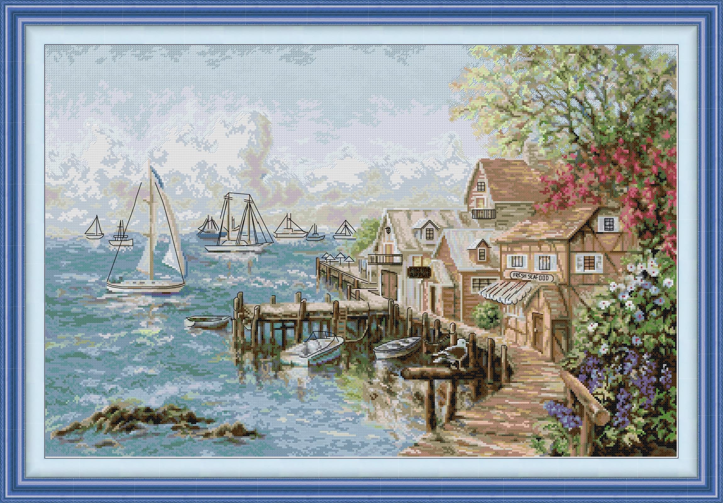 artcici Vorgedrucktes Mariner Haven Kreuzstich-Set für Anfänger, 11-karätiges DIY-Stickset mit sortierten Fäden, geprägten Mustern, Handarbeitszubehör (95 x 66 cm)