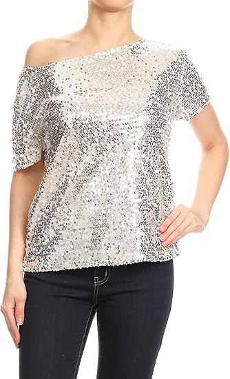 Anna-Kaci Womens Short Sleeve One Shoulder Sexy Sequin Top Blouse