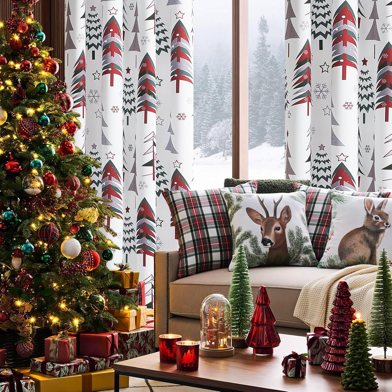Topfinel Christmas Curtains 84 Inch Length for Living Room 2 Panels Set,Grommet Xmas Decoration Window Curtains with Christmas Tree and Snowflake Print for Bedroom,Set of 2,52x84 Inches Long,White