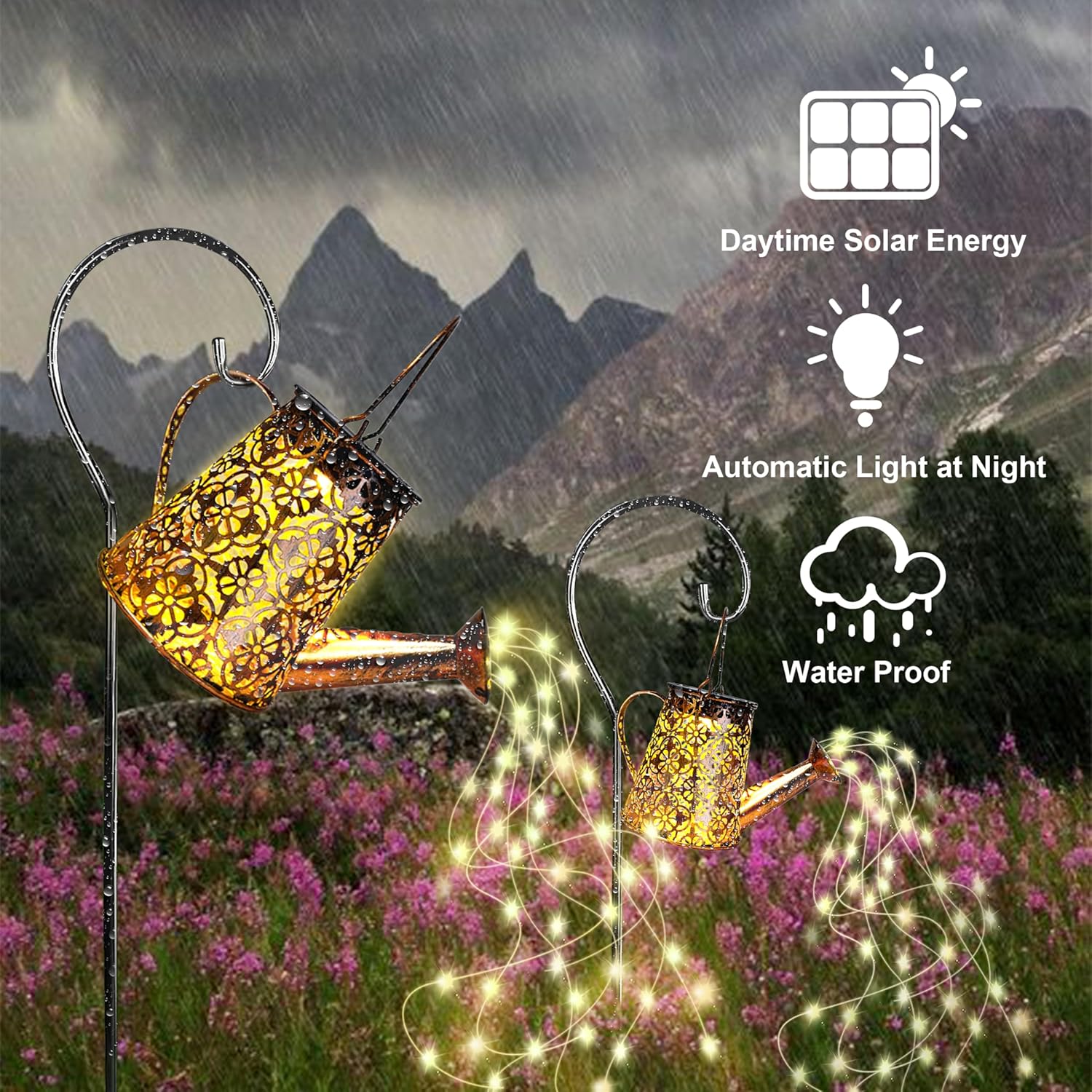 Solar Garden Watering Can Lights with Cascading Lights, 2 Pack Outdoor Hanging Lanterns for Garden Decor,Fairy Gardening Gifts for Mom Birthday, Perfect for Patio Yard Pathway