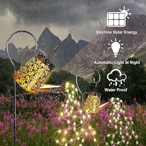 Miniatura 4 de Luces solares para regadera de jardín con luces en cascada, paquete de 2 linternas colgantes al aire libre para decoración de jardín, regalos de