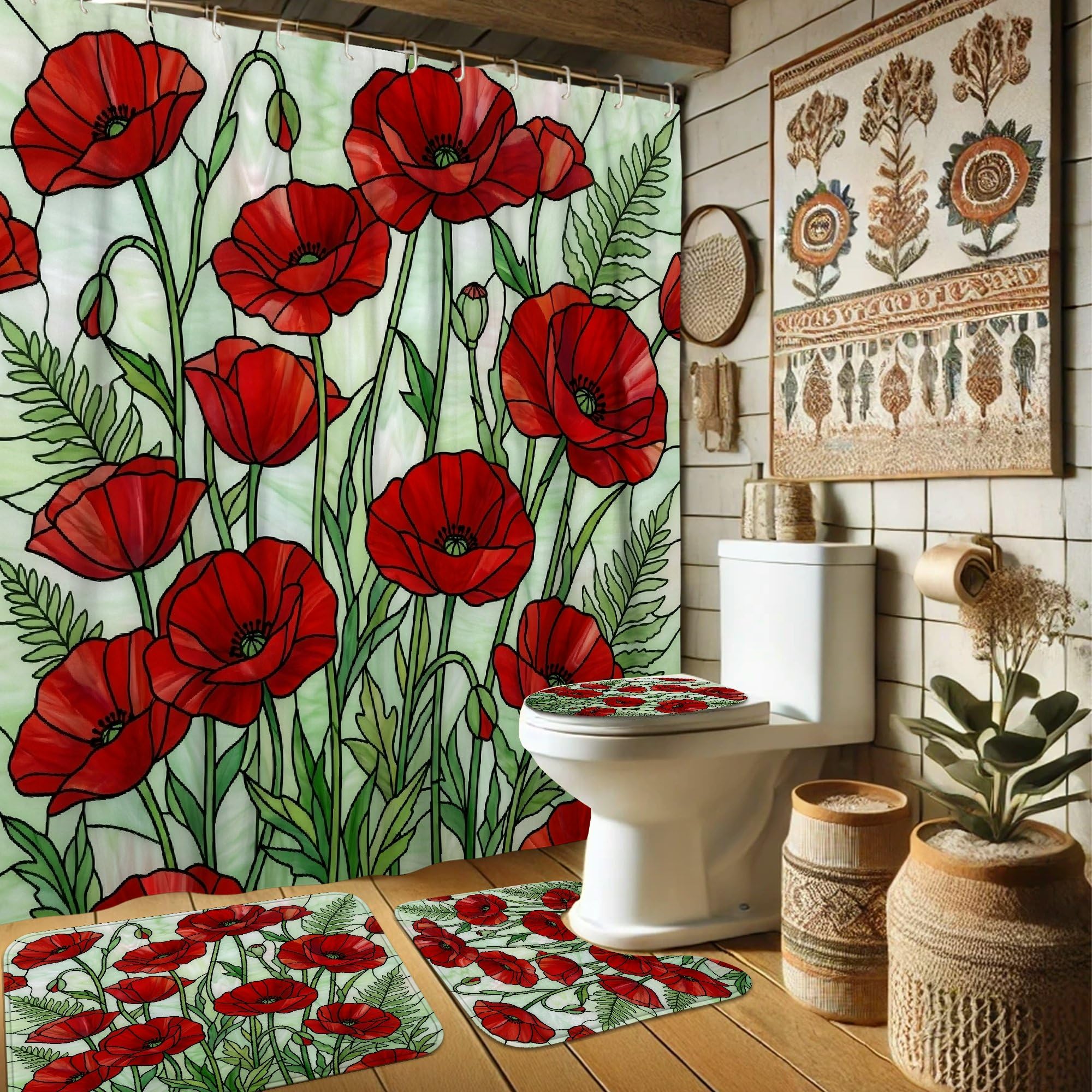 Rideau de douche coquelicot 183x183 cm avec tapis de bain en polyester rouge