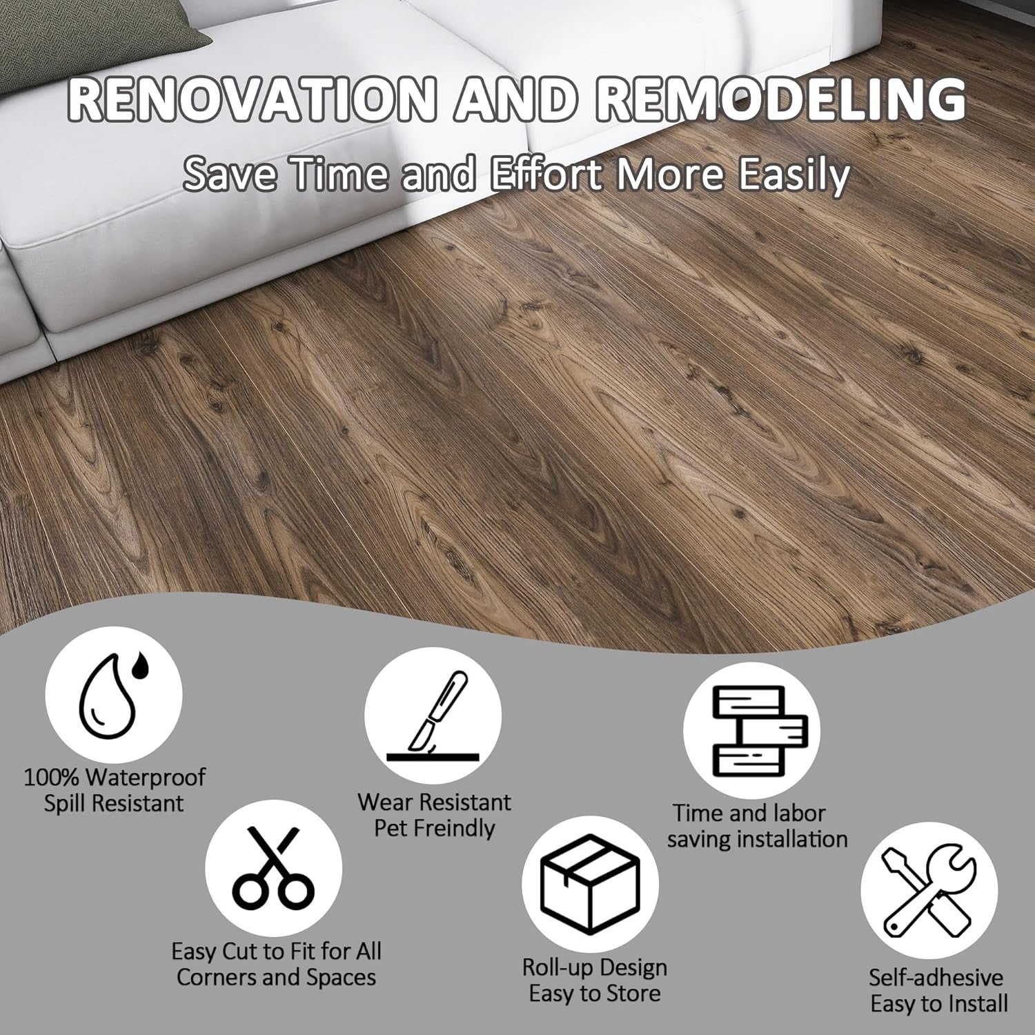 Lareko 52 Sq.Ft Peel and Stick Floor Tile – 630" Length 12" Width Roll - Dark Brown Self-Adhesive Vinyl Flooring Waterproof, Wide Wood Plank for Easy Installation, Bedroom, Kitchen