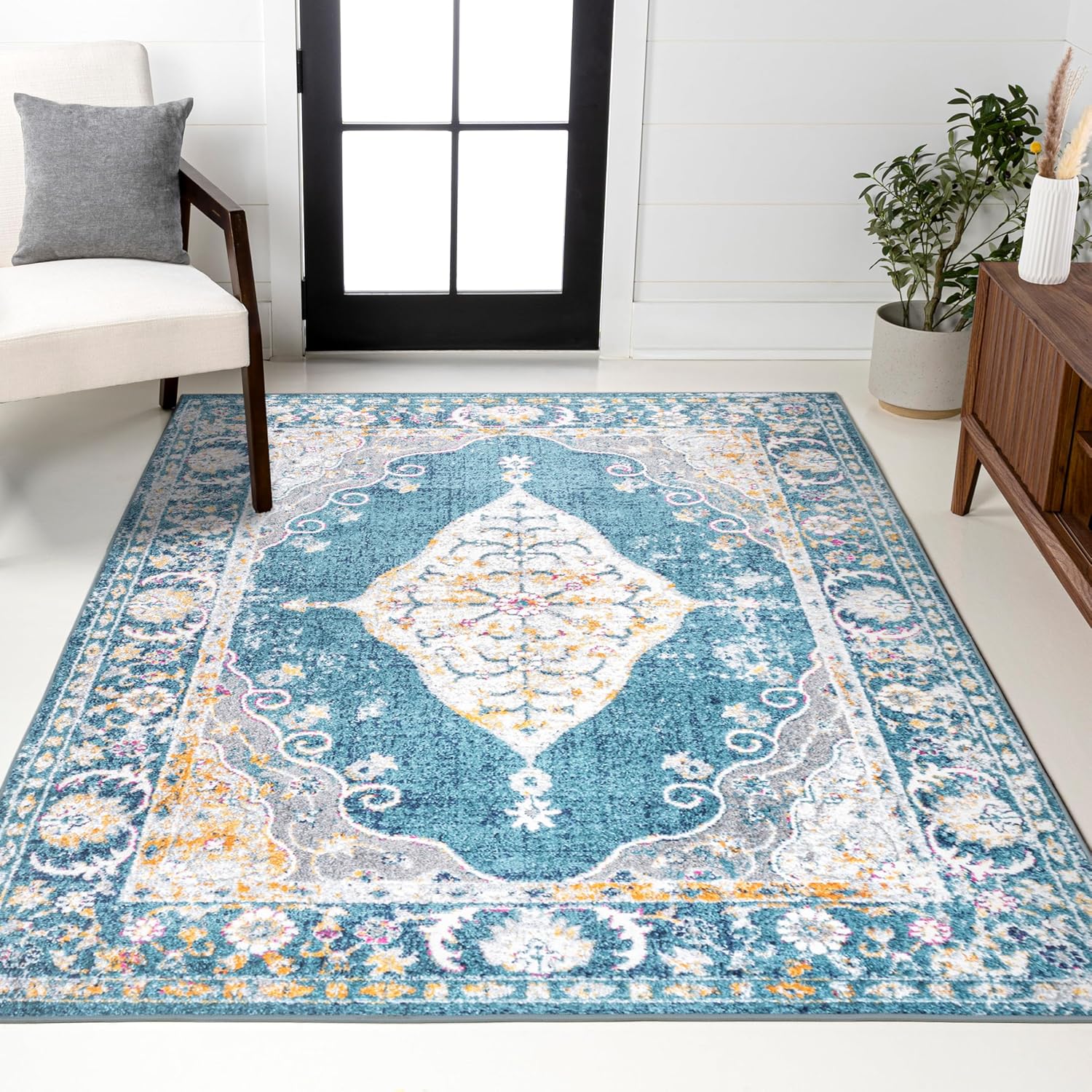 JONATHAN Y Zelda Bohemian Cottage Medallion Turquoise/Gray Indoor Area Rug, 4x6, Traditional, Vintage, Easy-Cleaning for Living Room, Bedroom, Kitchen, Pet Friendly, Non-Shedding (MDP213A-4)