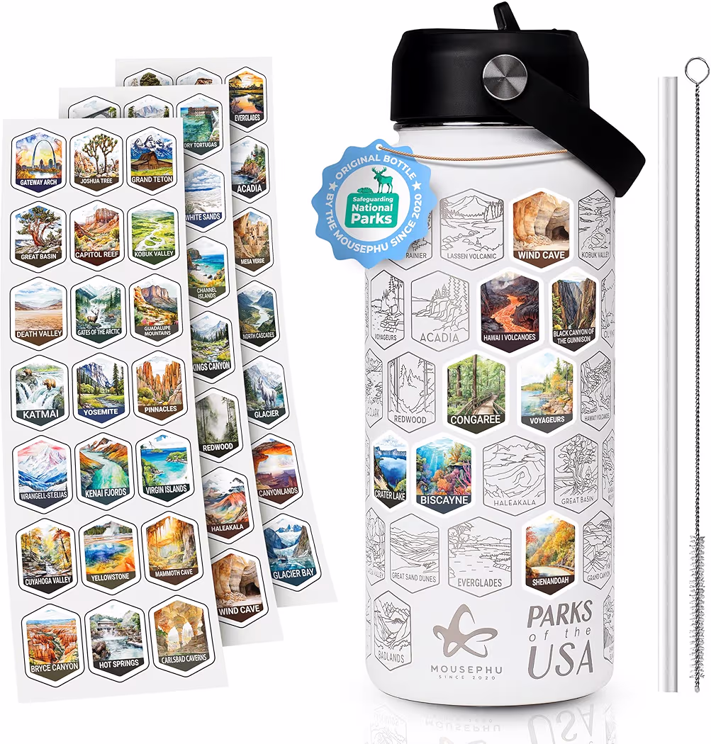 National Parks water bottle with decals stainless 32 oz side view