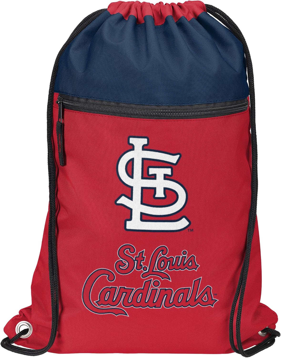 FOCO MLB Officially Licensed Unisex Team Color Baseball Primary Logo Wordmark Drawstring Backpack With Zippered Pocket - St. Louis Cardinals