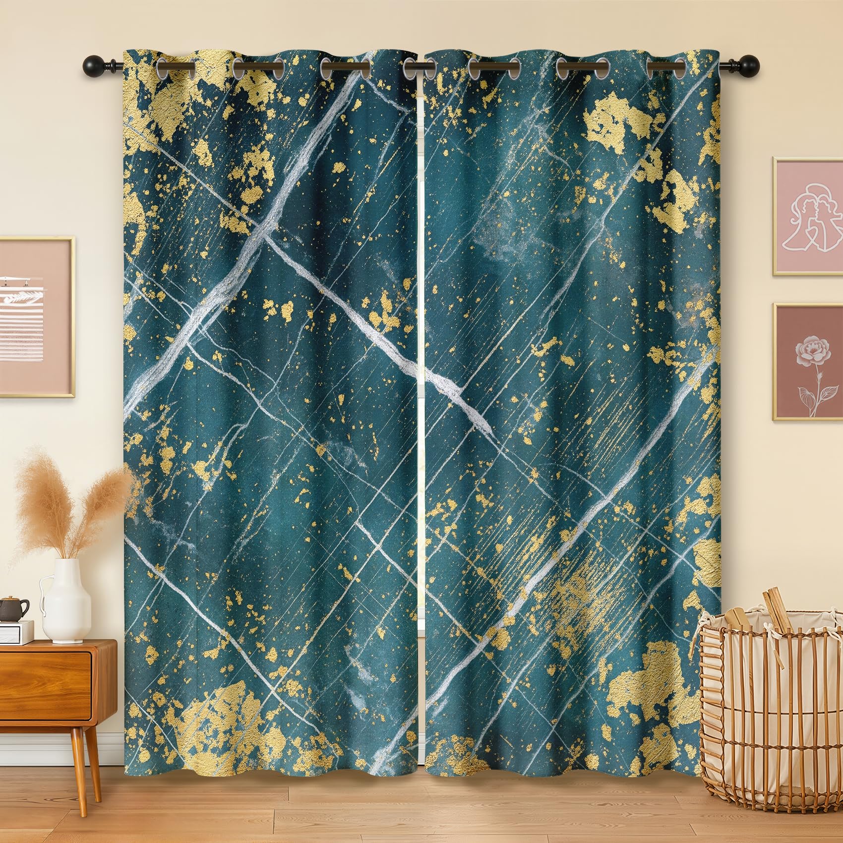 Havenix Dark Turquoise Marble Effect Blackout Curtains for Bedroom Living Room, Teal Gold Curtains 46x72, Thermal Insulated Eyelet Drapes for Windows, 2 Panels