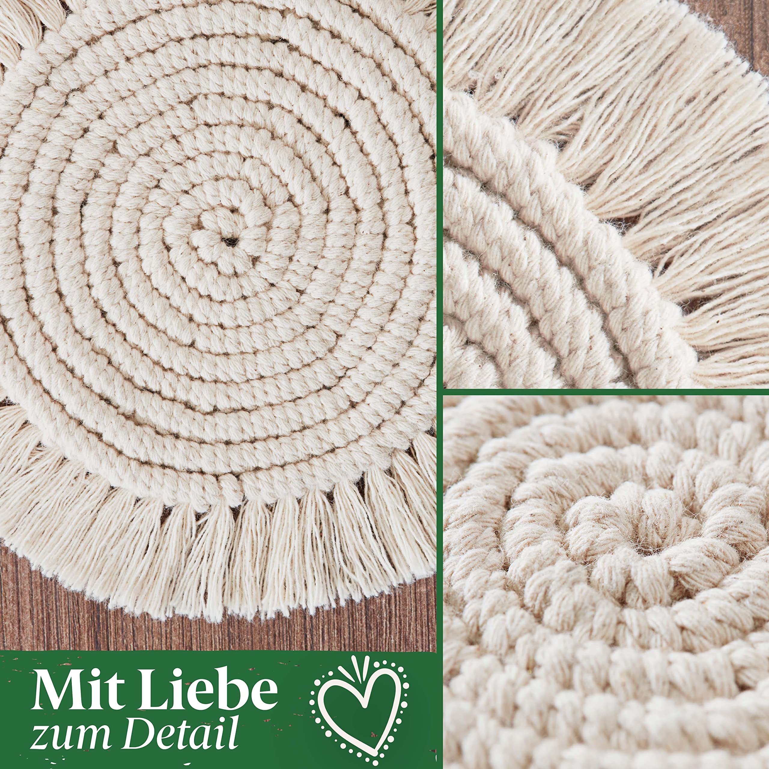 6 Stück Makramee Untersetzer Rund – Handgeflochten Aus Baumwolle, Boho Deko Für Tassen & Gläser (Beige)