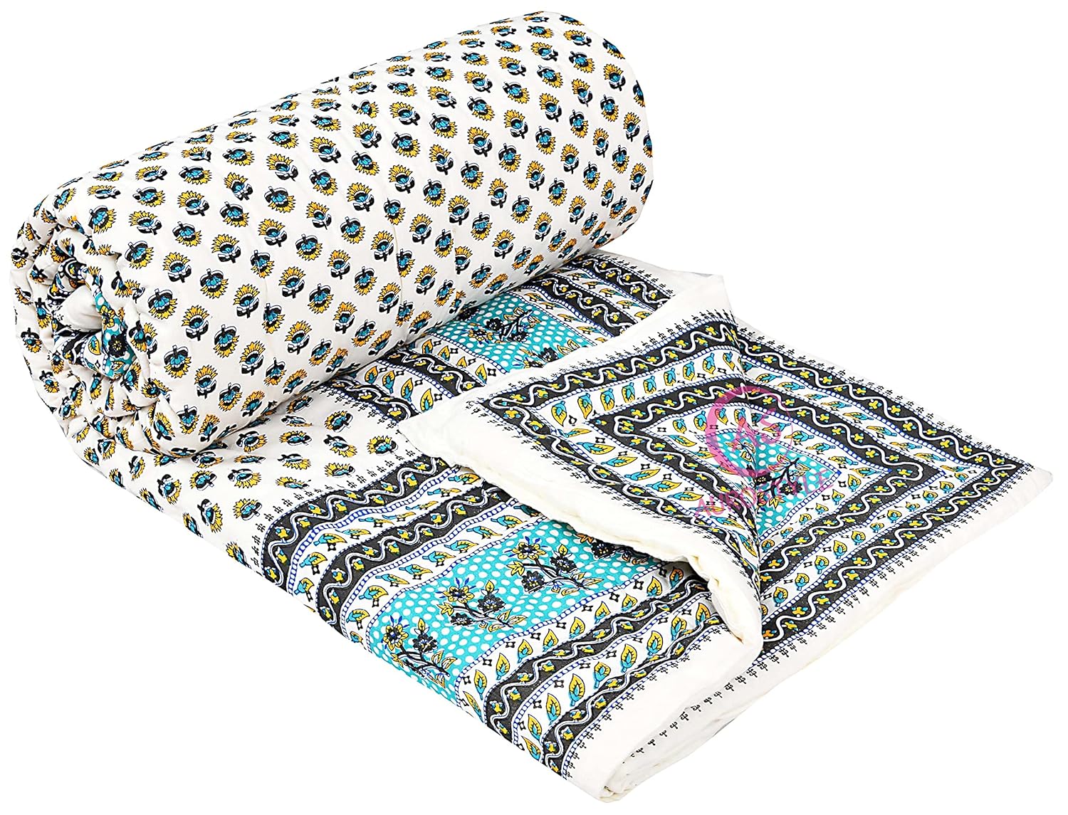 WORLDNEX 400 TC Pure Cotton Traditional Jaipuri Design Printed Light Weight Single Bed Quilt/Razai/Rajai – 85 x 55 Inches (Design 9)| TC – 200, Multi color