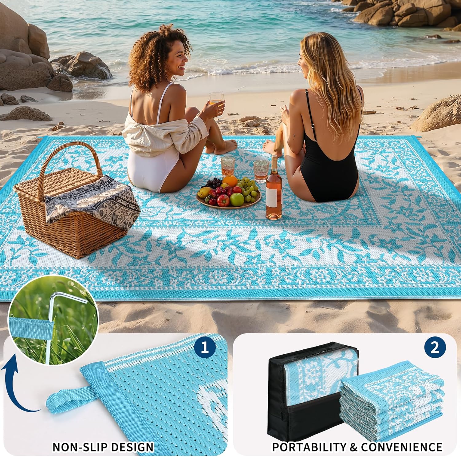 GarveeHome Outdoor Rug 8x10 Patio Waterproof, Reversible Plastic Straw Camping Rug, Botanical Grove Vintage Cottage core Outdoor Mat for RV, Deck, Picnic, Beach, Backyard, LightBlue