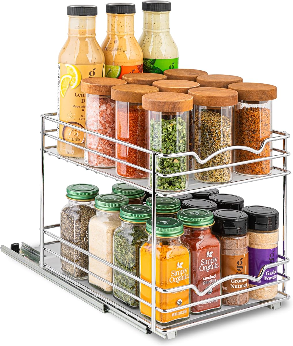 Organizador de gabinete extraíble para especias, latas de 8-1/2" de ancho x 10-3/8" de profundidad x 8-7/8" de alto | Resistente con garantía limitada de por vida, estante extraíble para especias, estante extraíble para latas, platos, etc., fácil de alcanzar